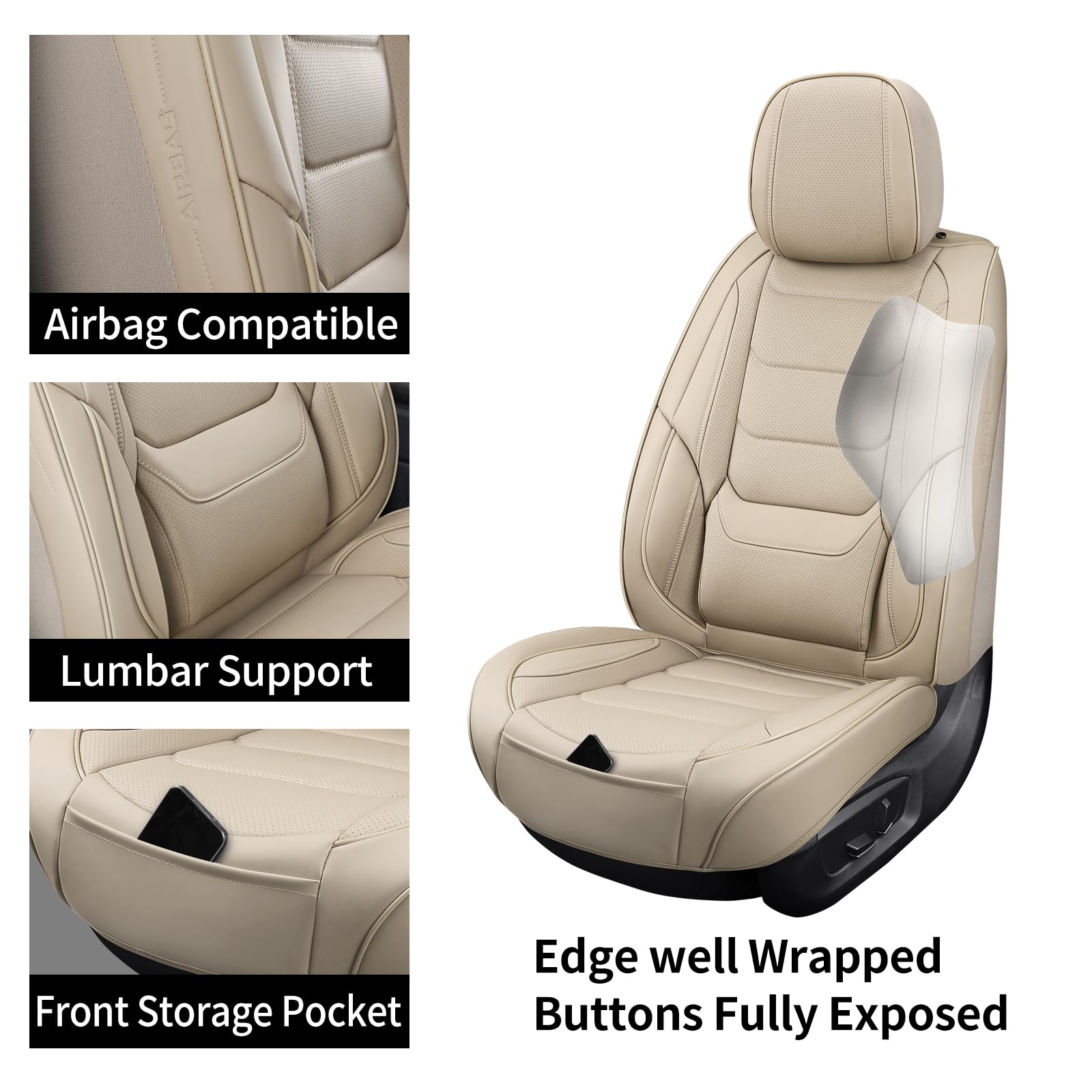 Breathable Leather Car Seat Covers - Waterproof Front Seat Protectors Universal Fit for Most Vehicles, SUVs, Trucks & Vans (Beige, Pair) | Perfect for Daily Commute, Road Trips & Family Travel