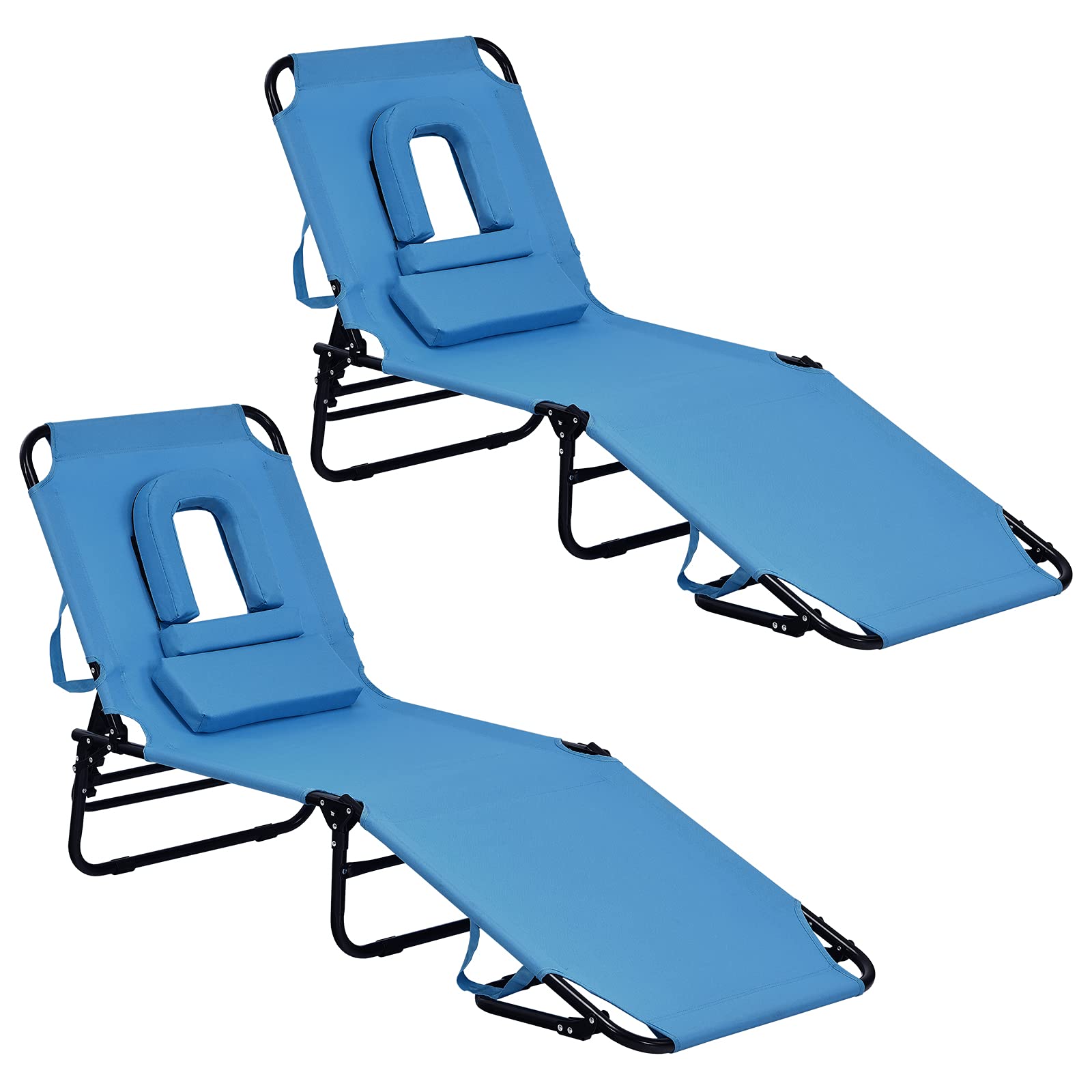 GYMAX Adjustable Folding Beach Lounge Chair - Portable Sunbathing Chair with Face Hole, Reclining Patio Chair for Poolside, Backyard & Outdoor Relaxation (2-Pack) | Perfect for Beach, Garden, Camping & Vacation Use