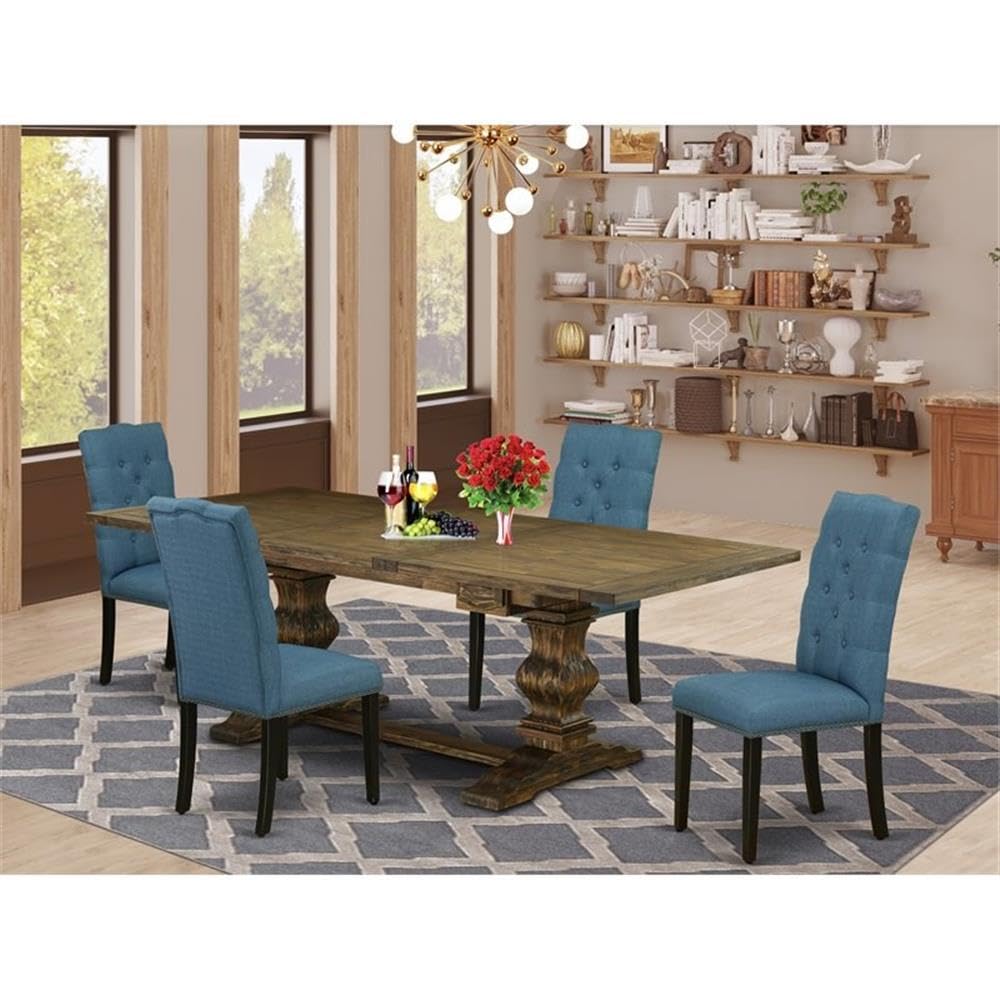 East West Furniture LAEL5-71-21 5-Piece Dining Set with Extendable Table & 4 Blue Linen Chairs, 42x92 Inch, Jacobean Finish - Perfect for Family Meals & Entertaining Guests in Dining Room & Kitchen