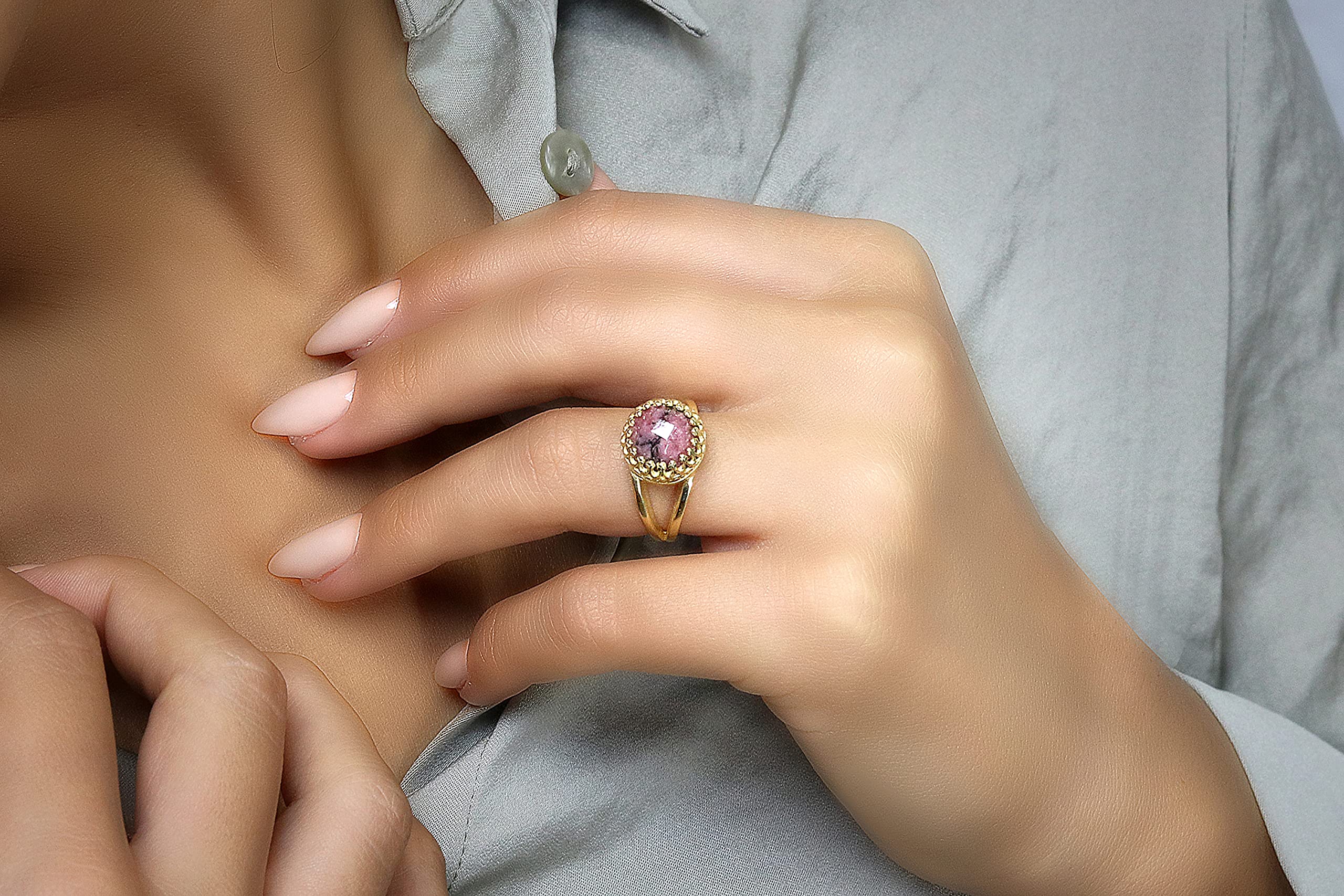 14k Gold Rhodonite Solitaire Ring - Elegant Dainty Everyday Jewelry for Women | Engagement, Wedding, Promise & Stackable Ring | Perfect Gift for Her - Custom Handmade Jewelry for Special Occasions & Daily Wear
