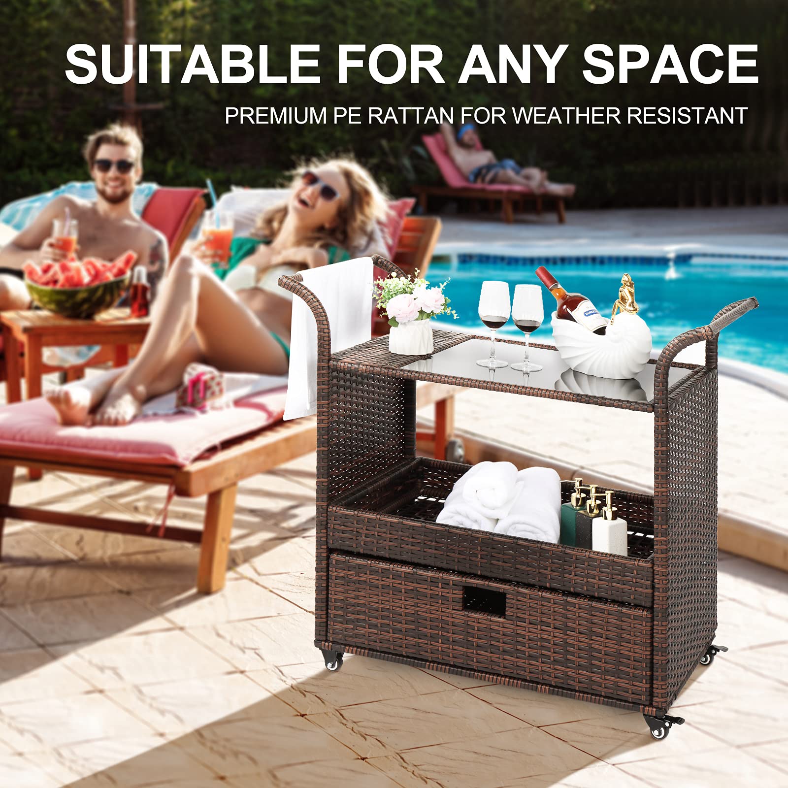 Outvita Outdoor Rolling Wicker Bar Cart with Storage Basket & Lockable Wheels - Rattan Beverage Cart with Glass Top for Patio, Poolside, Garden Parties & Home Entertaining