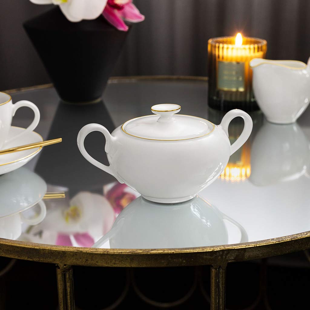 Villeroy & Boch Signature Anmut Gold Sugar Bowl - 350ml White & Gold Porcelain - Elegant Tea & Coffee Accessory for Home Dining & Entertaining