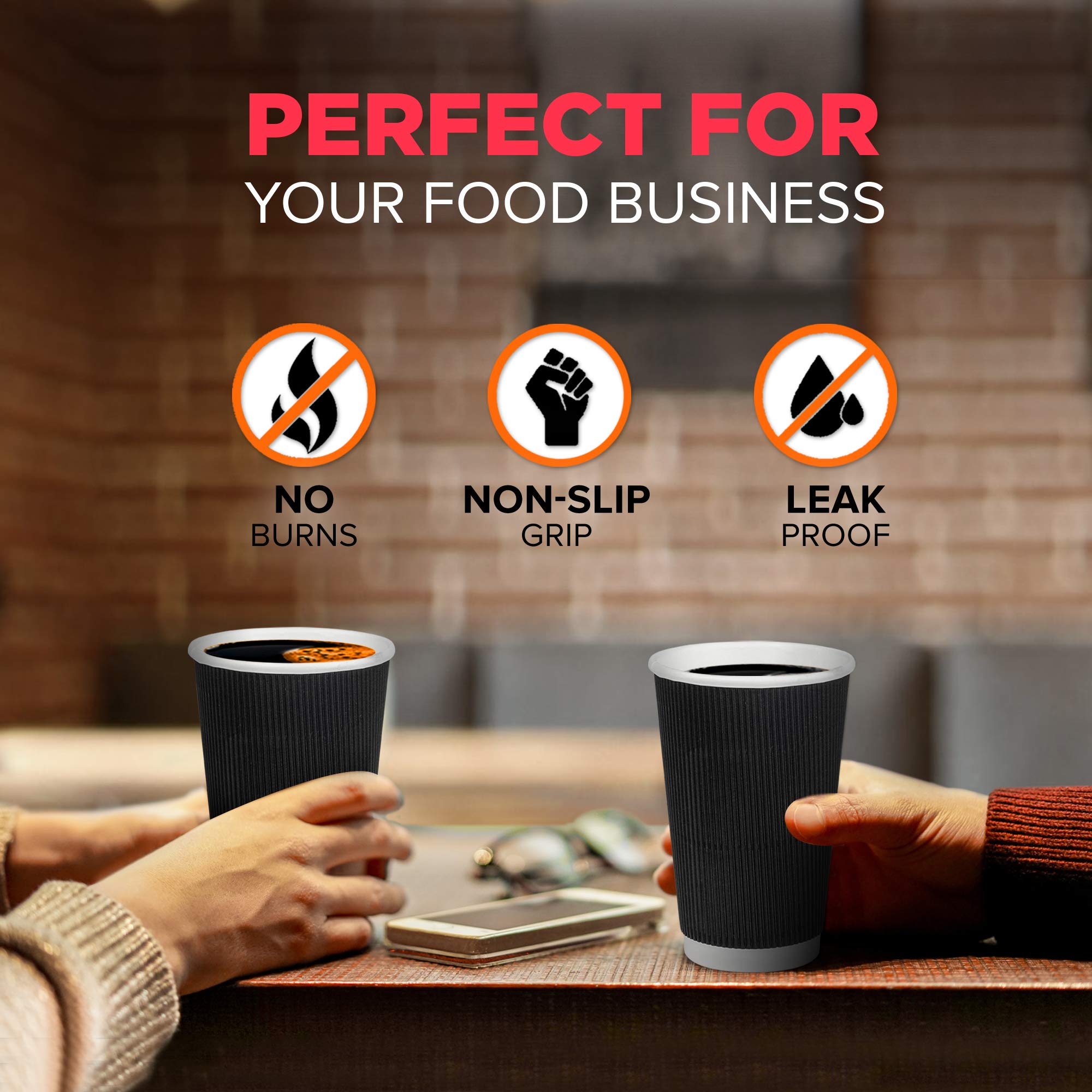 500-Pack 12 oz Black Disposable Coffee Cups - Triple Wall Insulated Hot Beverage Cups for Coffee, Hot Chocolate & Tea | Leak-Proof Corrugated Design for Travel, Office & Home Use (Lids Not Included)