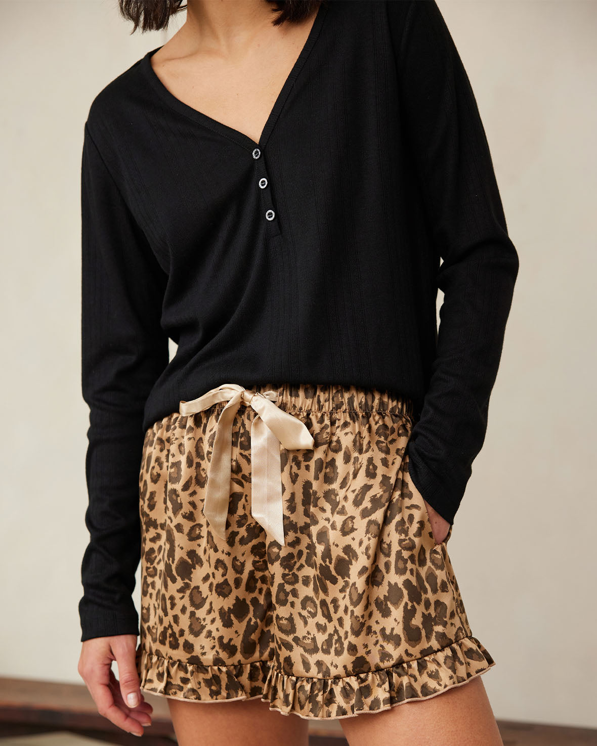 Leopard Print Short Pajama Set for Women - Pointelle & Satin Sleepwear - Comfortable Nightwear for Lounge, Sleep & Vacation