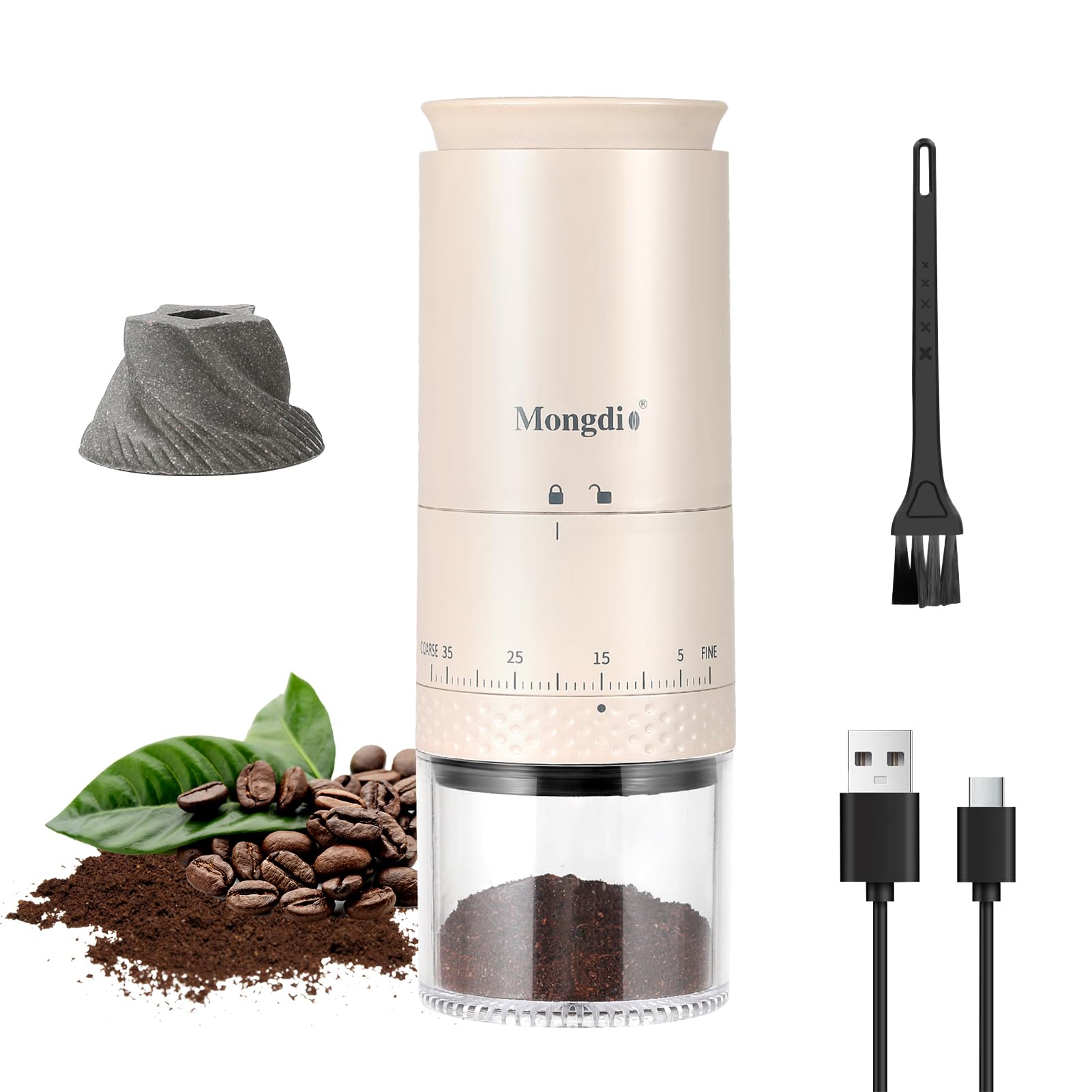 Premium Portable Electric Burr Coffee Grinder - 38 Adjustable Settings, Conical Burr with LED Display, USB Rechargeable, Ceramic Core - Perfect for Home, Office & Travel Use - Pearl White