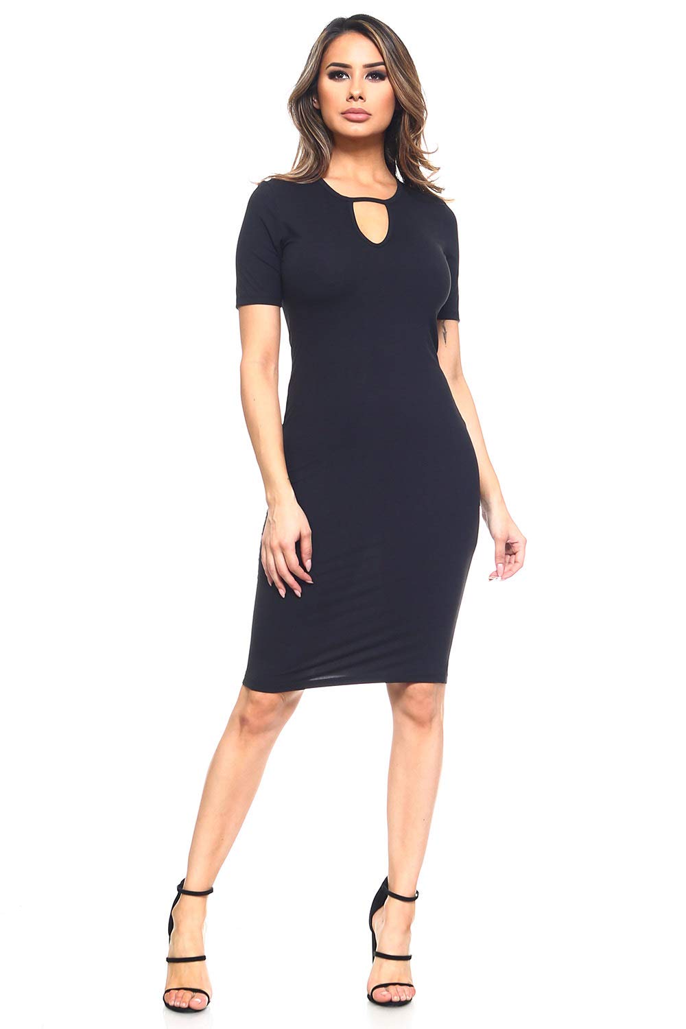 Women's Keyhole Short Sleeve Midi Bodycon Dress - Sexy Casual Work Dress for Office, Party & Date Night | Stretchy Slim Fit Summer Dress for Women