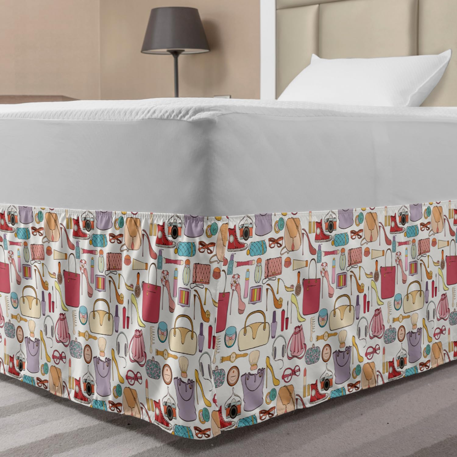 Ambesonne Elastic Bed Skirt - Full Size Multicolor Dust Ruffle for Bedroom Decor