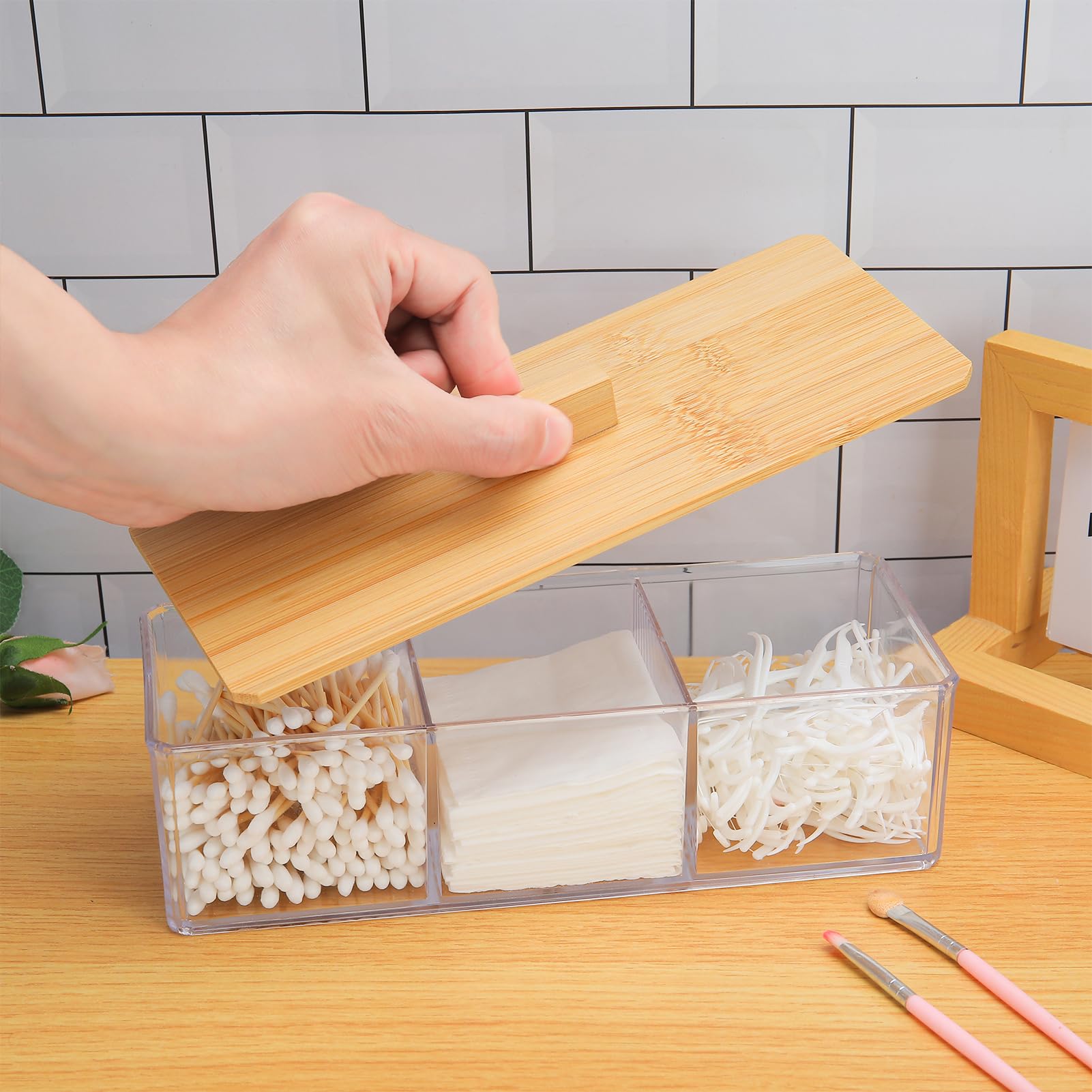 Clear Acrylic Qtip Holder with Lid - 3 Compartments for Cotton Balls & Swabs | Bathroom & Makeup Organizer