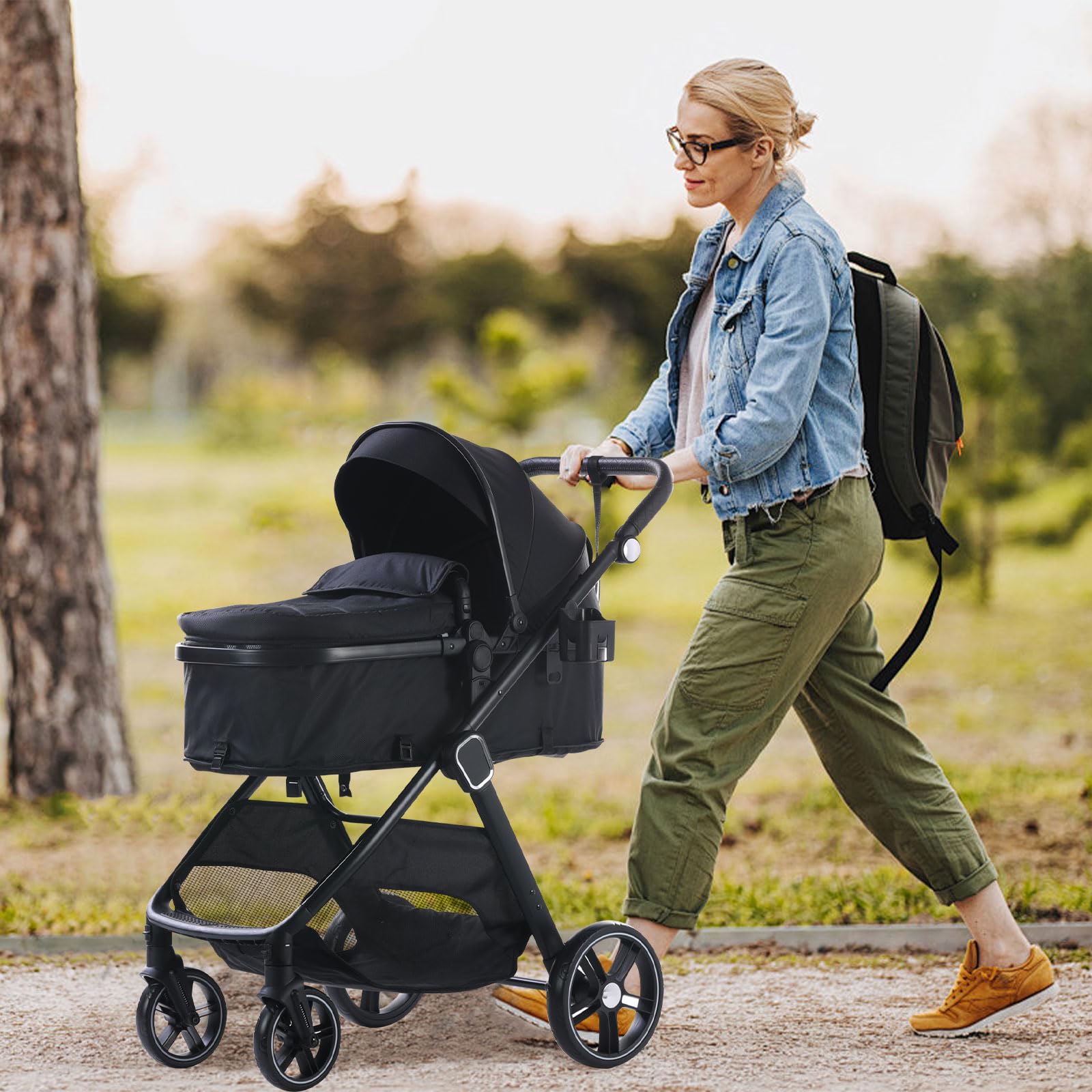 **Trenana 2-in-1 Baby Stroller with Reversible Bassinet - Adjustable Backrest & Canopy, Foldable Lightweight Aluminum Alloy Frame, Shock-Absorbing Wheels for Newborns & Infants (Pink) - Perfect for Park Walks, Shopping & Travel**