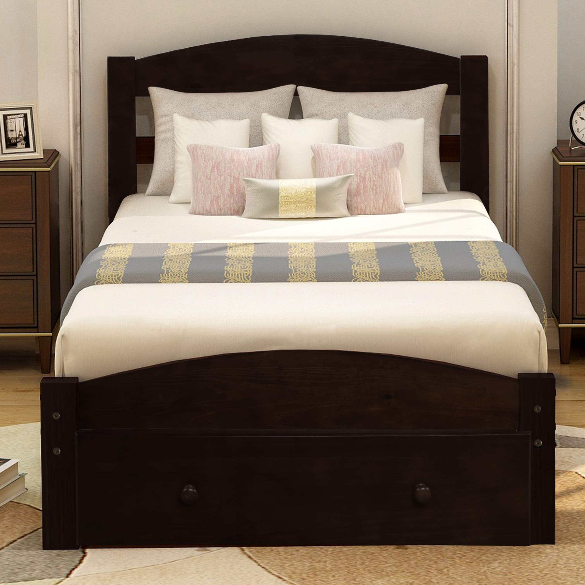 SOFTSEA Twin Bed Frame with Headboard and Storage Drawers - No Box Spring Needed - Sturdy Slat Support - Perfect Platform Bed for Kids, Teens & Adults (Espresso) - Ideal for Small Bedrooms, Guest Rooms & College Dorms