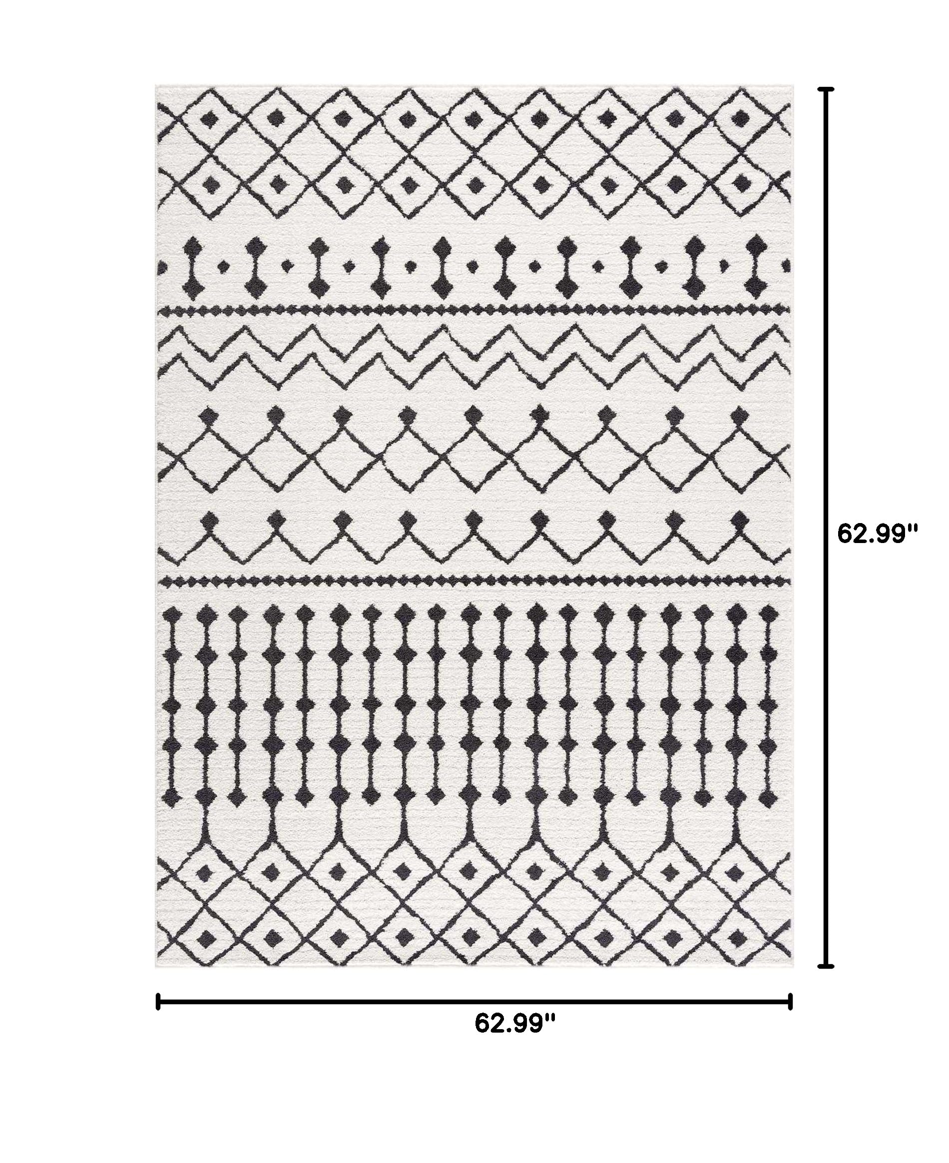 Bohemian Moroccan Geometric Shag Area Rug - High Pile Black & White Charcoal 5'3