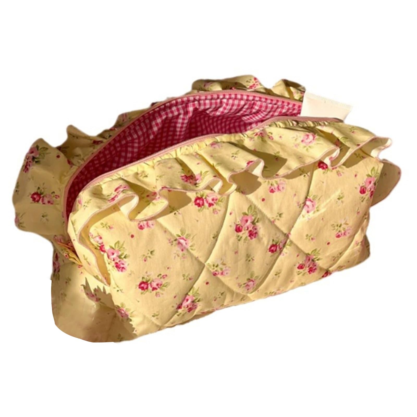 Cotton Makeup Bag Large Capacity Cosmetic Pouch - Stylish Coquette Toiletry Bag for Women & Girls, Yellow Floral Design - Perfect for Travel, Outdoor Camping, Hiking & Daily Use