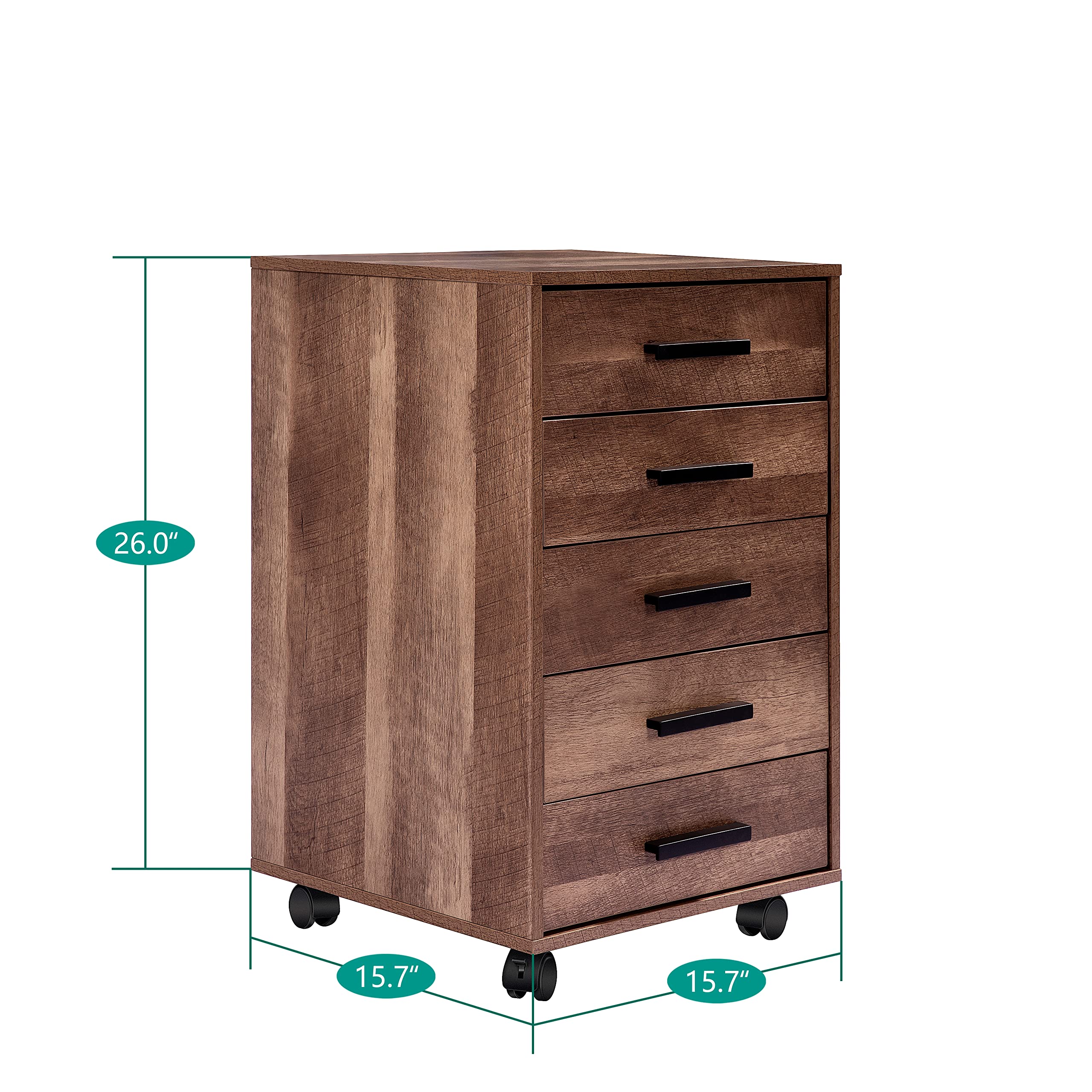 Naomi Home Parker Modern 5-Drawer Dresser Cabinet - Industrial Design Wooden Chest with Swivel Casters & Stylish Handles - Compact Bedroom Storage Solution for Clothes, Accessories & Home Organization (Chestnut)