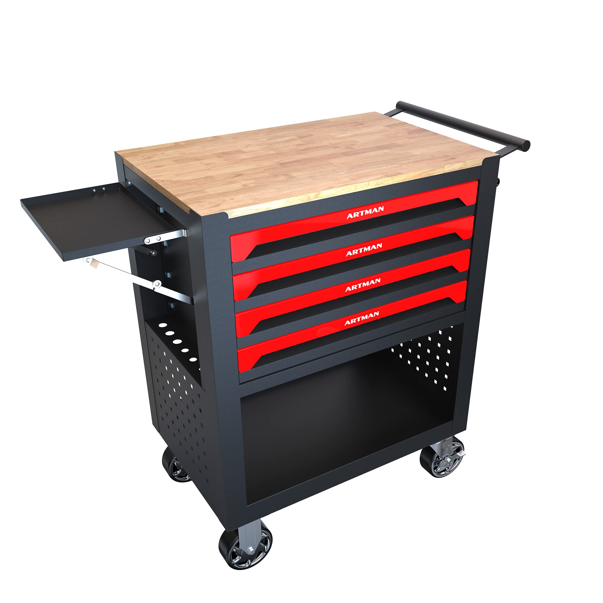 Pouseayar 4-Drawer Rolling Tool Cart with Lockable Drawers & Wooden Top - Heavy Duty Mobile Tool Storage Organizer for Garage, Workshop, Warehouse | Perfect for Mechanics, DIY Projects & Home Repairs