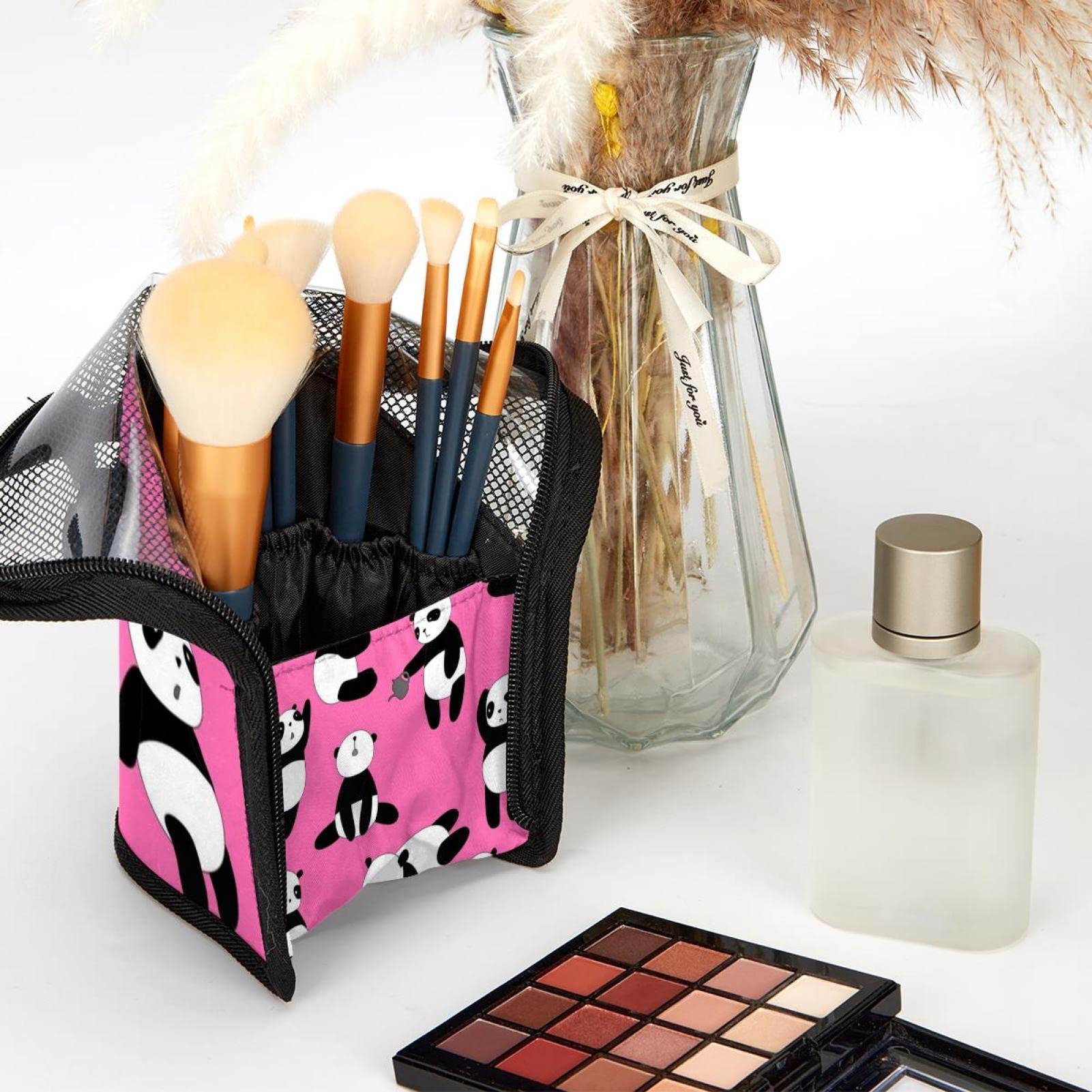 12-Piece Makeup Brush Organizer Bag with Happy Pink Panda Design - Portable Makeup Brush Holder Case for Travel & Home Storage