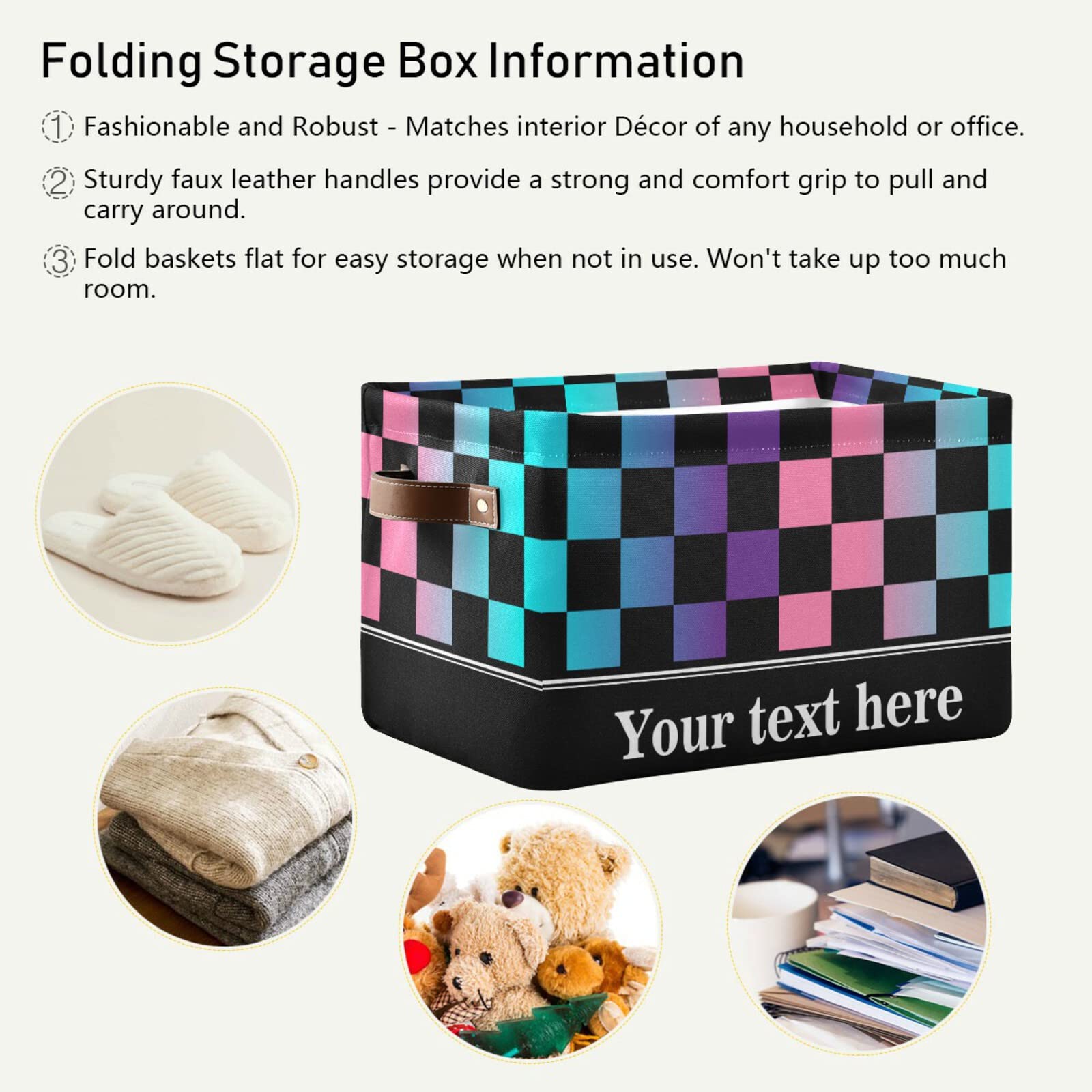 Checkerboard Plaid Storage Basket - Colorful Rectangular Collapsible Bin with Leather Handles | Home Organization & Gift Box for Bedroom, Bathroom, Nursery & Office