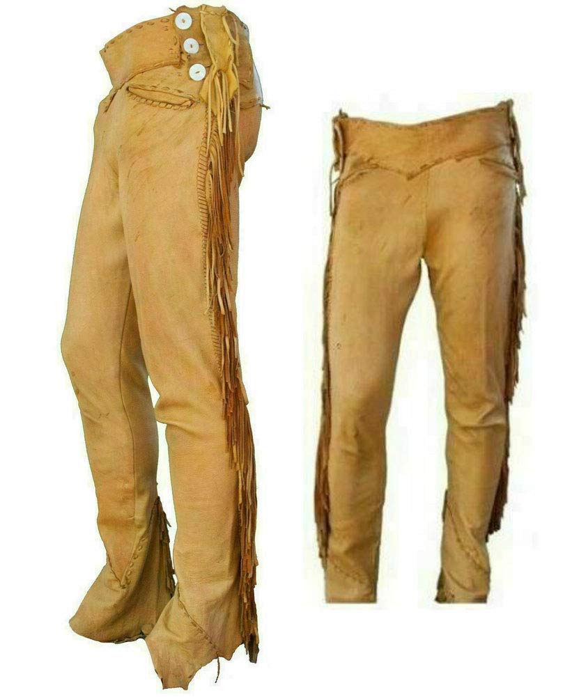 Authentic Men's Western Cowboy Leather Pants with Gold Braiding & Side Fringe - Native American Style Rodeo Trousers for Country Dancing, Horseback Riding & Western Fashion