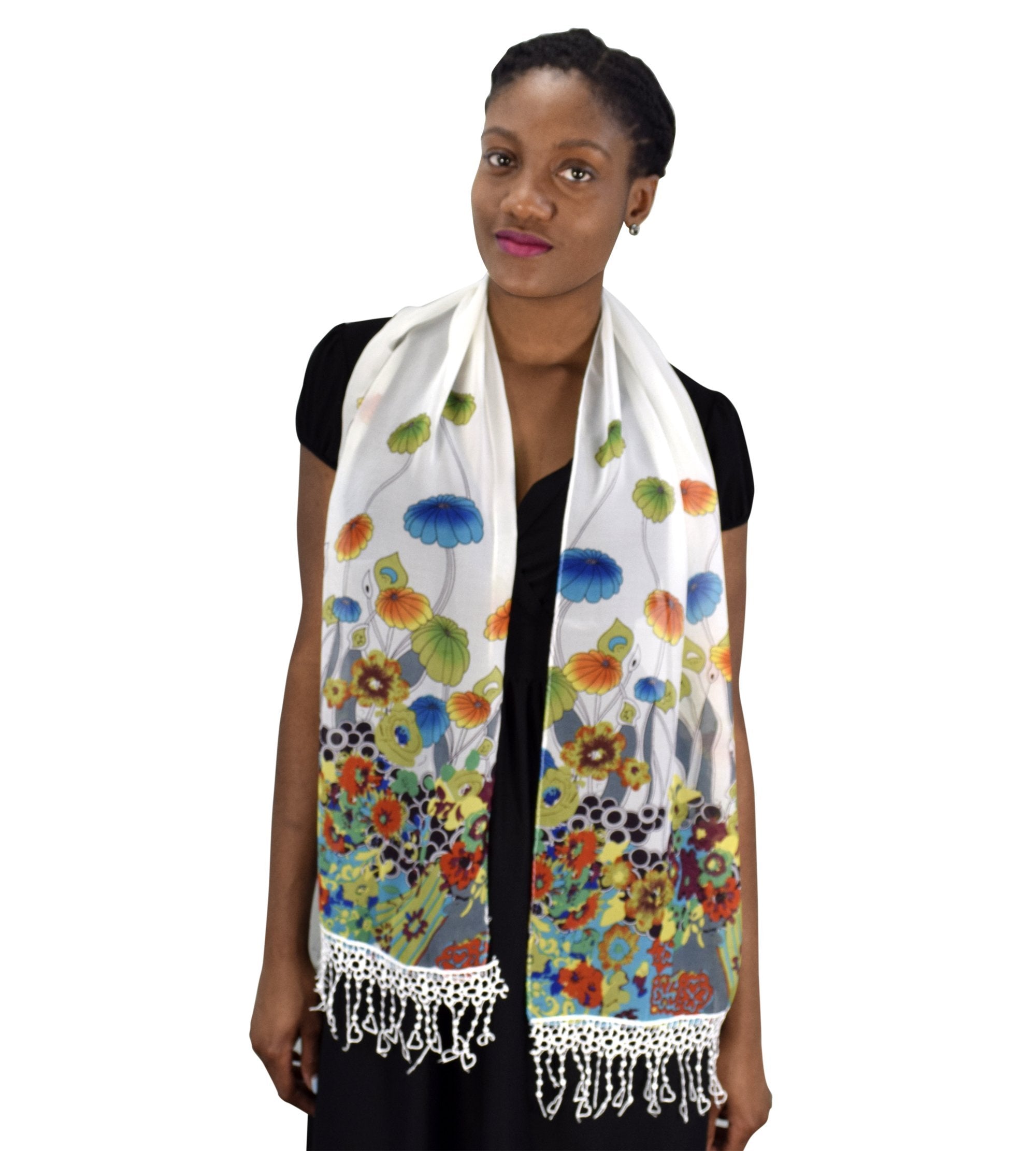Women's Sheer Floral Scarf with Tassels - Lightweight Summer Fashion Shawl Wrap for Women - Grey Elegant Stole for Beach, Wedding, and Casual Outfits
