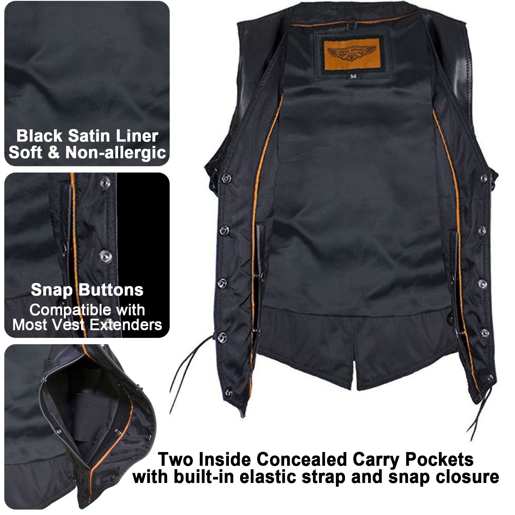 Dream Apparel Women's Black Leather Motorcycle Vest with Concealed Carry Pockets & Side Laces - Biker Jacket for Riding, Motorcycle Club, Harley Davidson & Outdoor Adventures