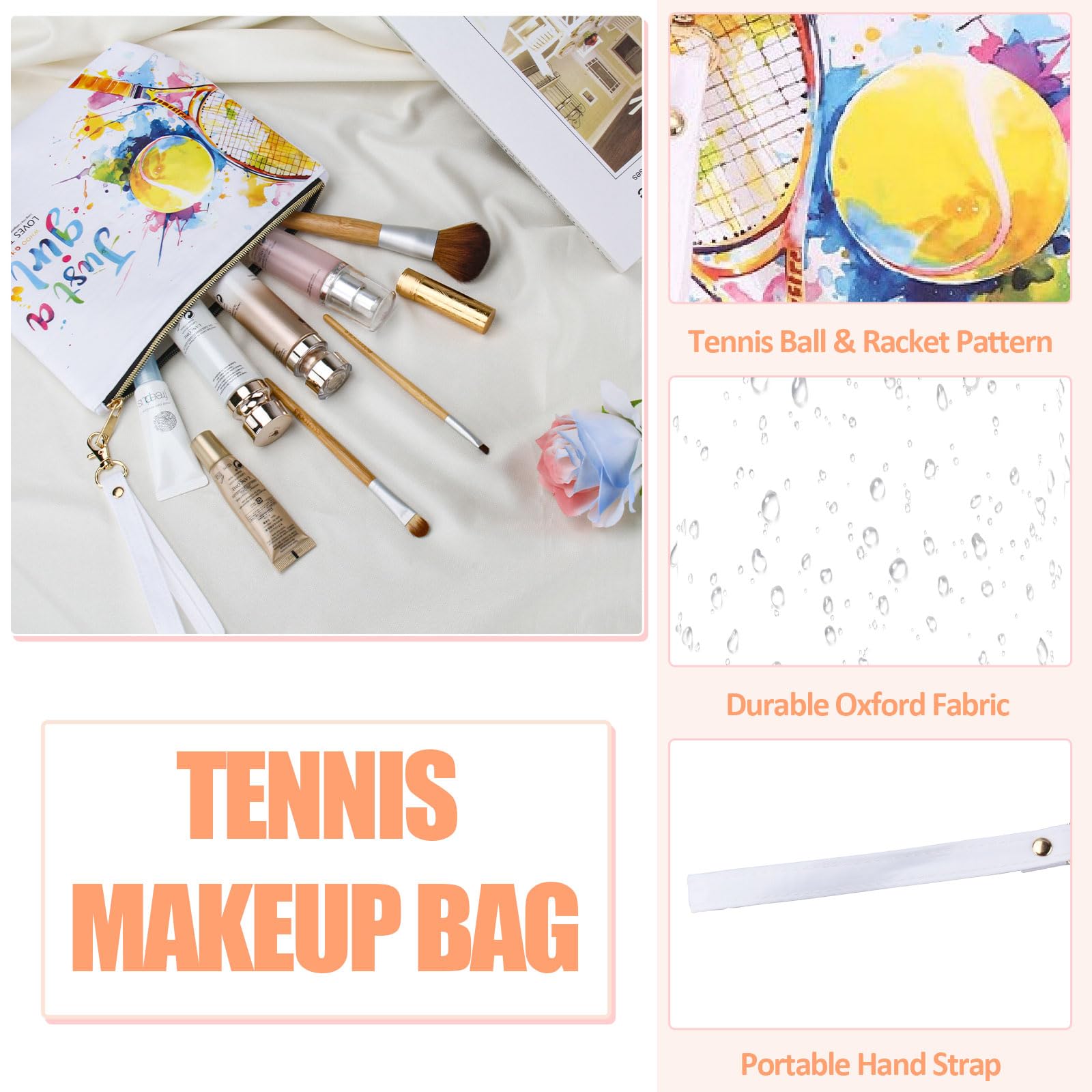 Tennis Makeup Bag - Waterproof Portable Toiletry Pouch with Zipper & Wrist Strap - Perfect Gift for Women Tennis Players & Fans - Great for Travel, Gym & Court Accessories Storage