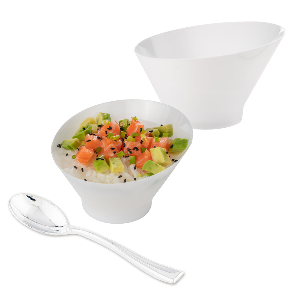 100-Pack 5 oz White Round Plastic Inclined Bowls with 100-Pack 4