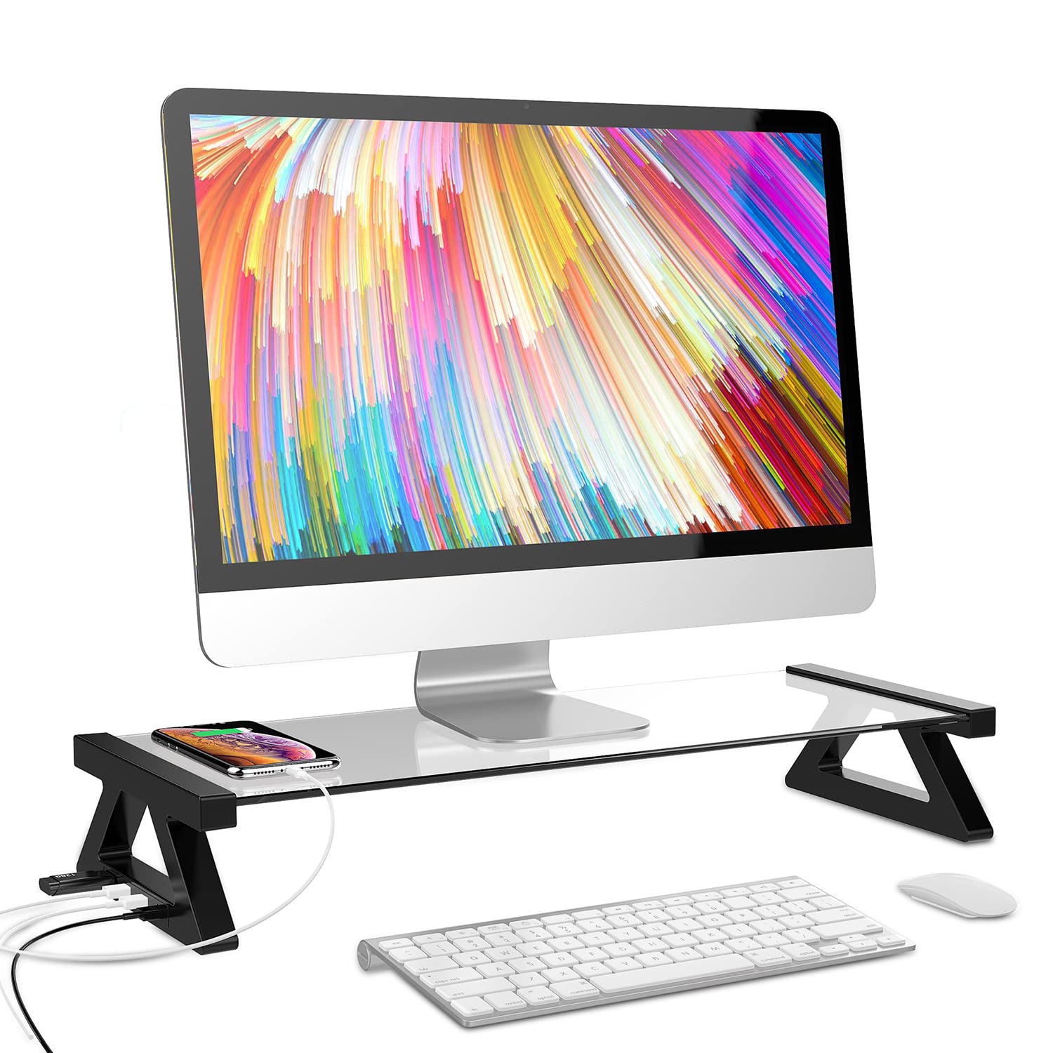 Yivandi Clear Tempered Glass Monitor Stand with USB Ports - 3-in-1 Adjustable Computer Riser for PC, iMac, MacBook & Printer - Perfect for Home Office, Gaming Setup & Workspace Organization