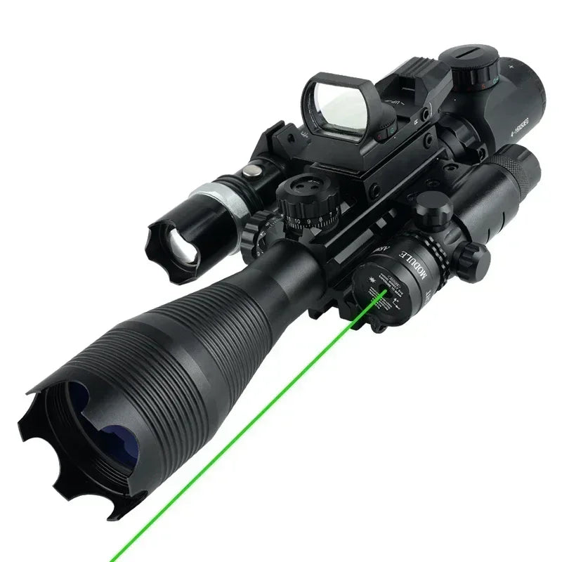 4-16x50 Tactical Rifle Scope with Red/Green Laser & Flashlight - Long Range Shooting Optic Sight with Red Dot for Hunting | Perfect for Outdoor Adventures, Target Practice & Night Hunting
