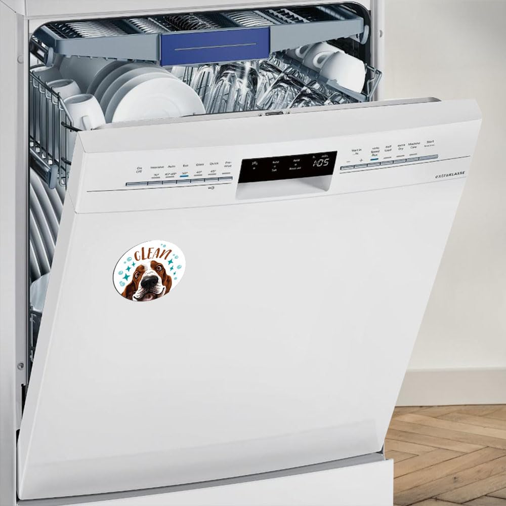 WIRESTER 3.5 Inch Double-Sided Dishwasher Clean/Dirty Sign - Basset Hound Dog Design Kitchen Decor for Dishwasher & Washing Machine - Perfect for Home, Office, and Restaurant Use