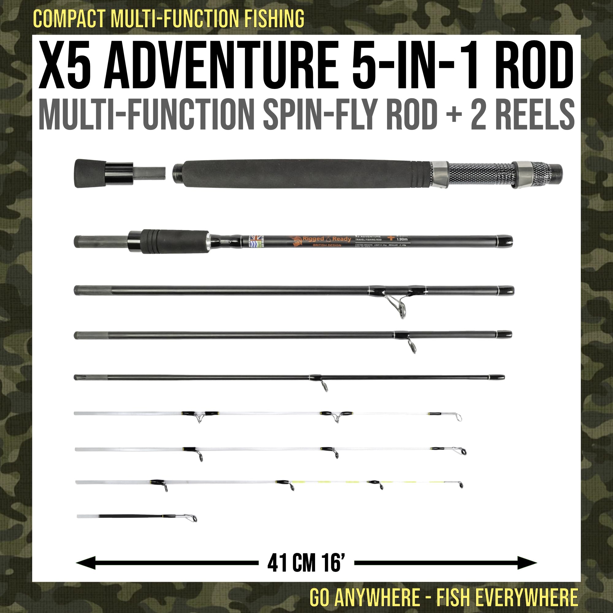 Rigged & Ready X5 Series Travel Fishing Rods Spin-Fly Combo - Compact 4-Piece Rod with 2 Reels & 5 Technique Tips | Perfect for Backpacking, Camping & Saltwater Fishing Adventures