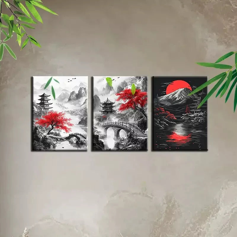 3-Piece Red Tree Bridge and Mountain Landscape Art Set - 50x70cm Framed Canvas Wall Art, High-Quality Print, 100% Australian Made, Ready to Hang - Perfect for Living Room, Bedroom & Office Decor