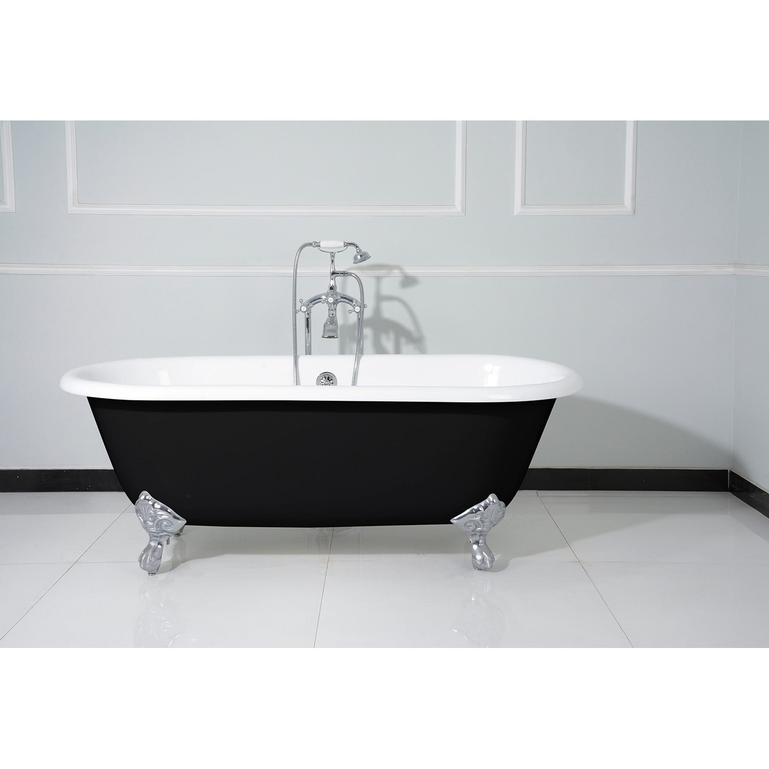 Aqua Eden 66 Inch Cast Iron Clawfoot Bathtub - Oval Double Ended Freestanding Tub, No Faucet Drillings, Black/White/Polished Chrome - Perfect for Vintage Bathroom & Luxury Spa Retreat