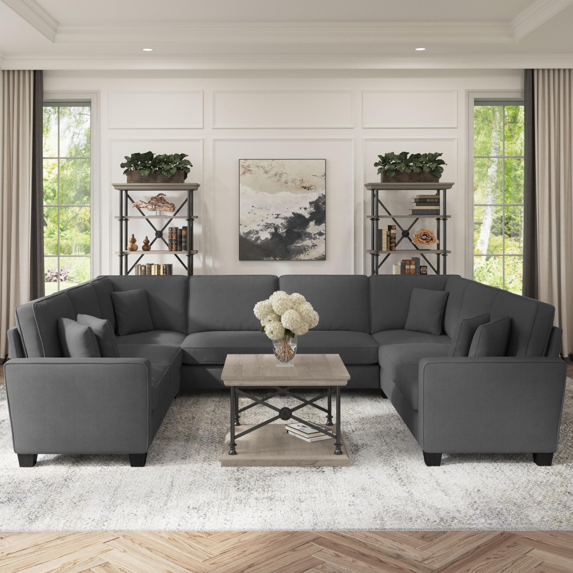 Bush Furniture 125 Inch U-Shaped Sectional Sofa - Modern Living Room Couch with Pet-Friendly Fabric, Stockton Collection, Charcoal Gray Herringbone - Perfect for Family Gatherings & Home Theater Setup