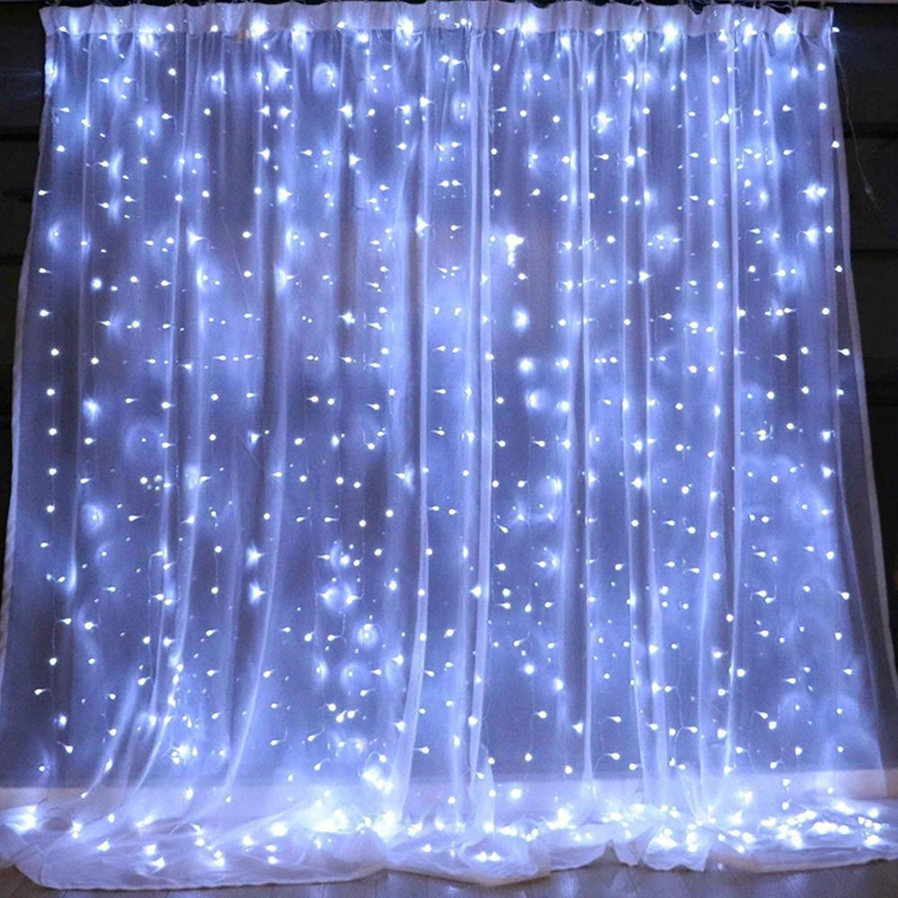 Solar Powered LED Curtain String Lights - 300 Cool White LEDs, 3Mx3M Waterproof Fairy Lights for Patio, Garden, Bedroom, Holiday & Christmas Party Decorations - Perfect for Outdoor and Indoor Use