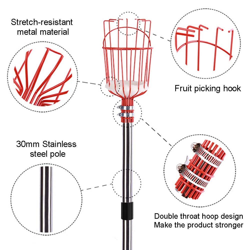 Stainless Steel Telescopic Fruit Picker with 4.3m Handle - Apple Picker, Cherry Harvester for Garden, Orchard & Outdoor Use - Perfect for Harvesting Pears, Apples & Hard-to-Reach Fruits