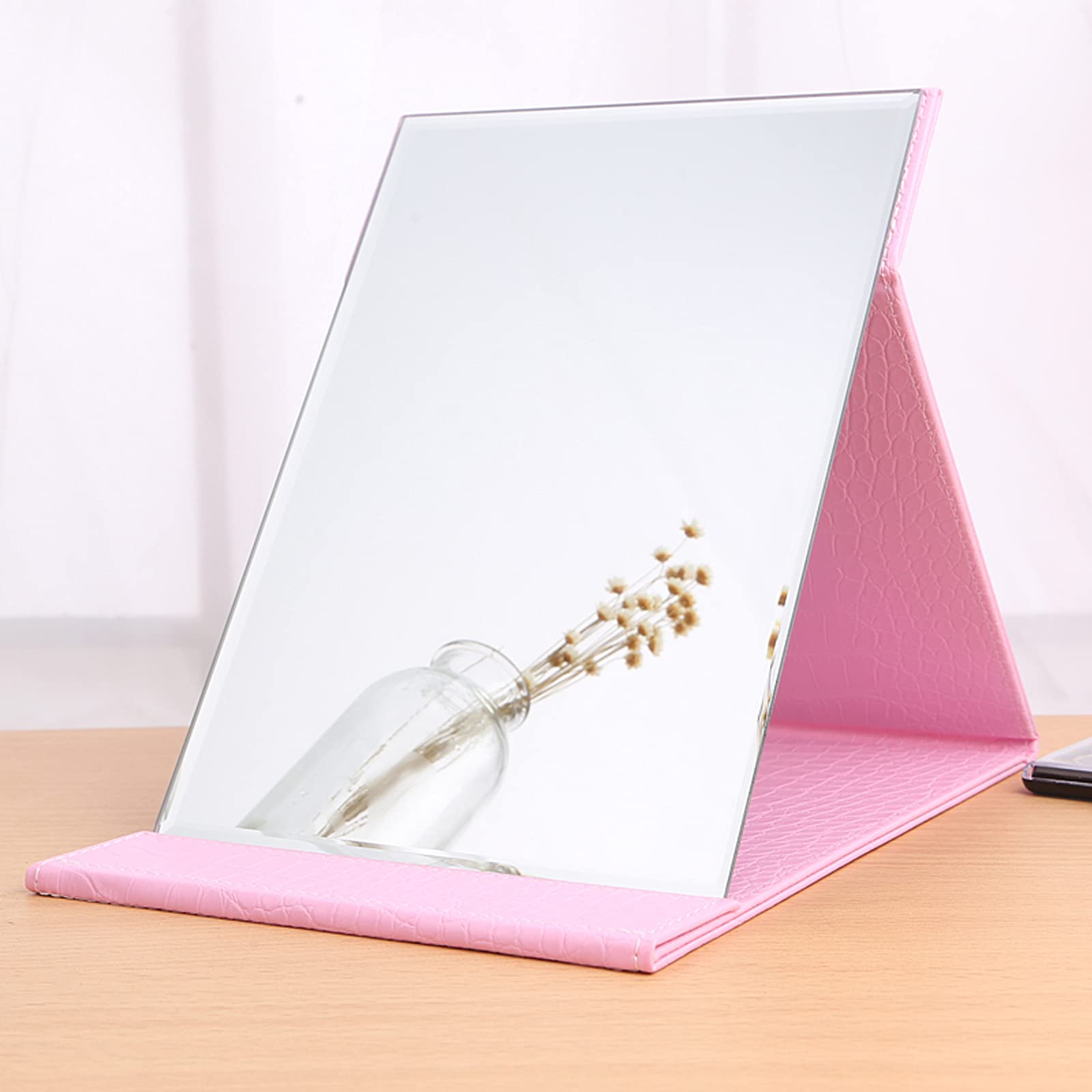 JXCAA PU Leather Folding Makeup Mirror - Light Red Tabletop Vanity Mirror with Stand (15x21cm) for Bedroom, Hotel, Office & Dressing Room | Perfect for Travel, Home Decor & Professional Makeup Application