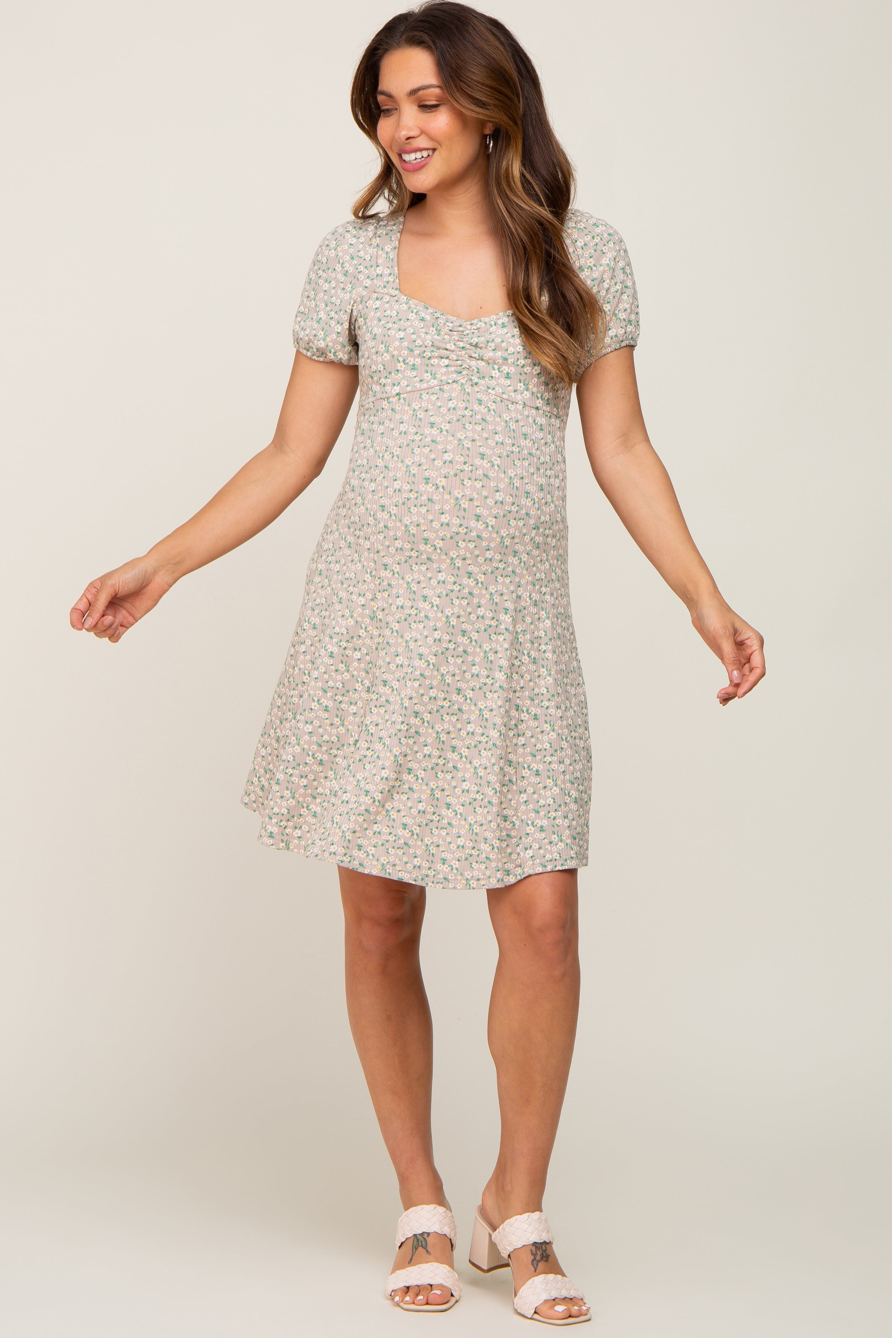 Beige Floral Criss Cross Back A-Line Maternity Dress for Pregnancy, Nursing & Special Occasions | Comfortable Stretchy Fabric for Baby Showers, Photoshoots & Date Nights