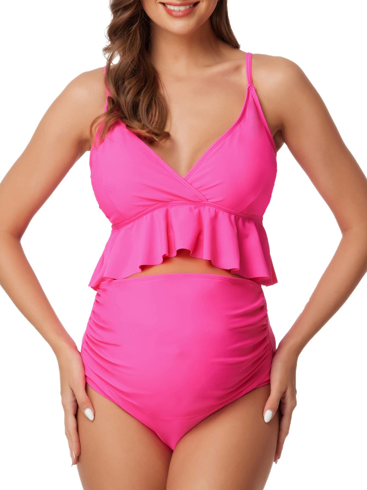 Summer Mae Maternity High Waist Swimsuit Two Piece - Ruffle Bikini Bathing Suit with Floral V-Neck for Pregnancy | Comfortable Maternity Swimwear for Beach, Pool & Vacation