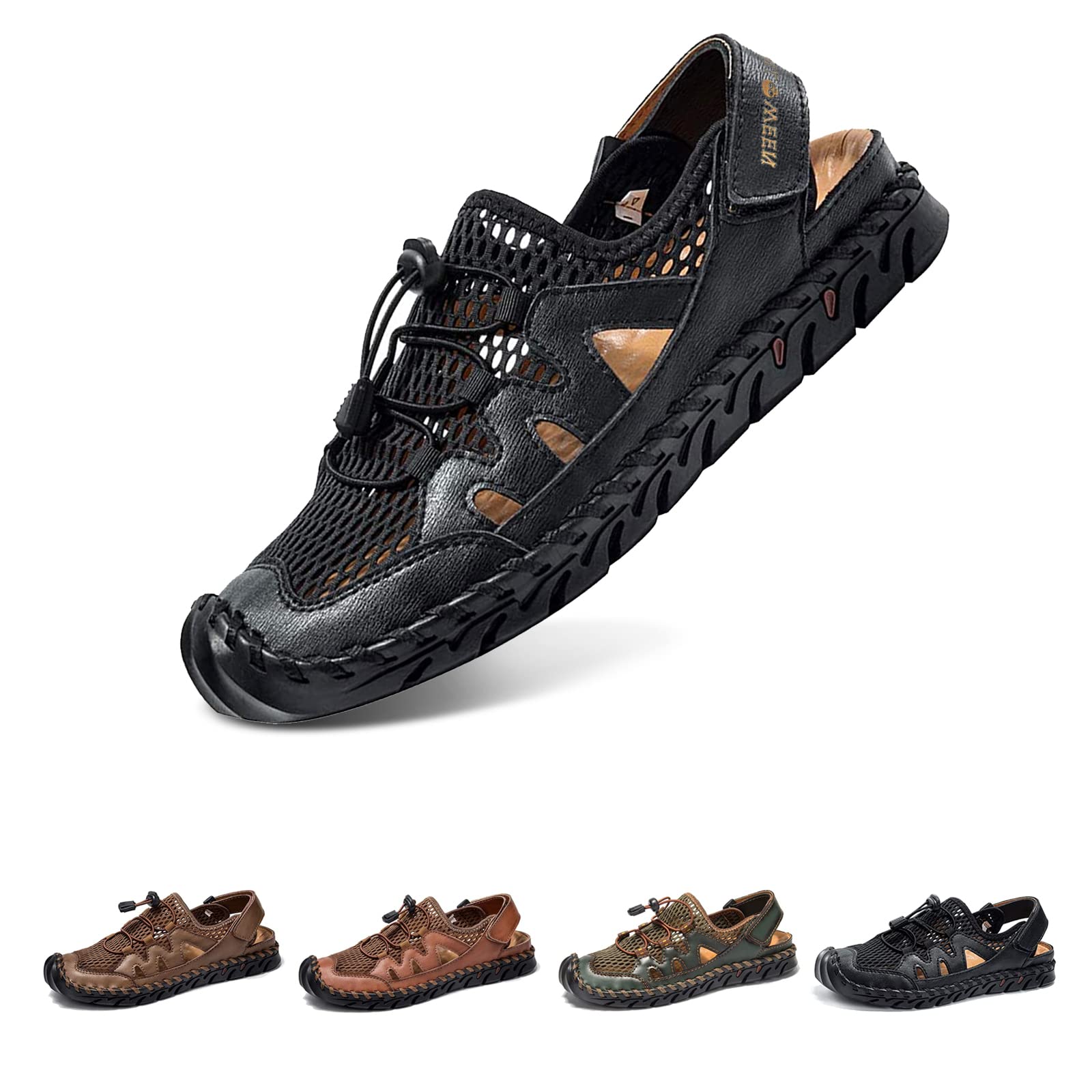 **Men's Leather Fisherman Sandals - Breathable Closed Toe Beach Shoes for Summer | Non-Slip Water Sandals for Hiking, Walking & Outdoor Activities | Handmade Comfortable Anti-Collision Athletic Slides**    *(Perfect for beach trips, hiking adventures, casual walks, and water sports – lightweight and durable for all-day wear!)*