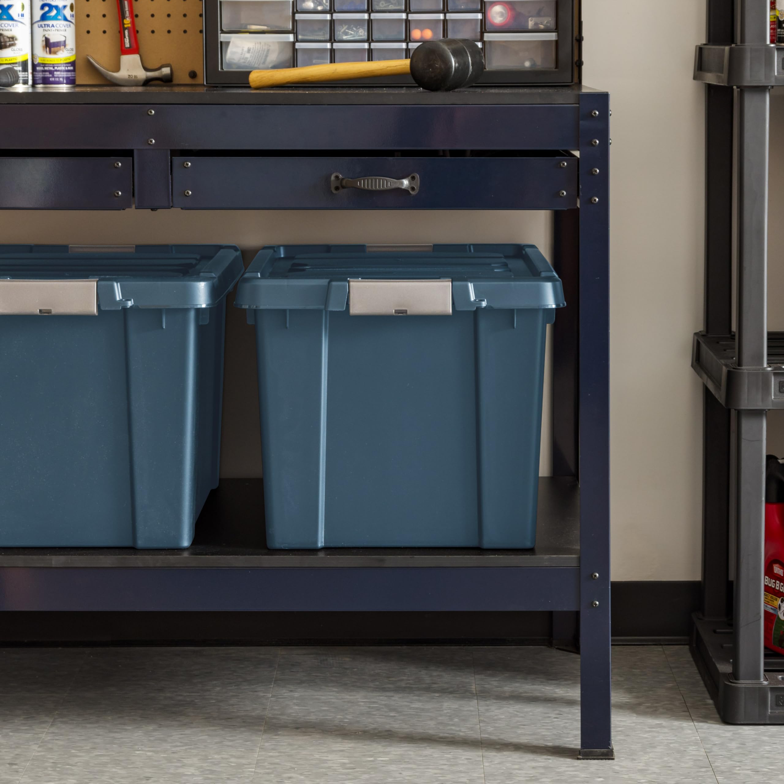 IRIS USA 20 Gallon Heavy Duty Stackable Storage Bins with Lids, 4-Pack Eco-Friendly Lockable Containers - Made in USA, Garage Organization, Moving Boxes, Equipment Storage - Navy Blue - Perfect for Home, Office, and Warehouse Organization