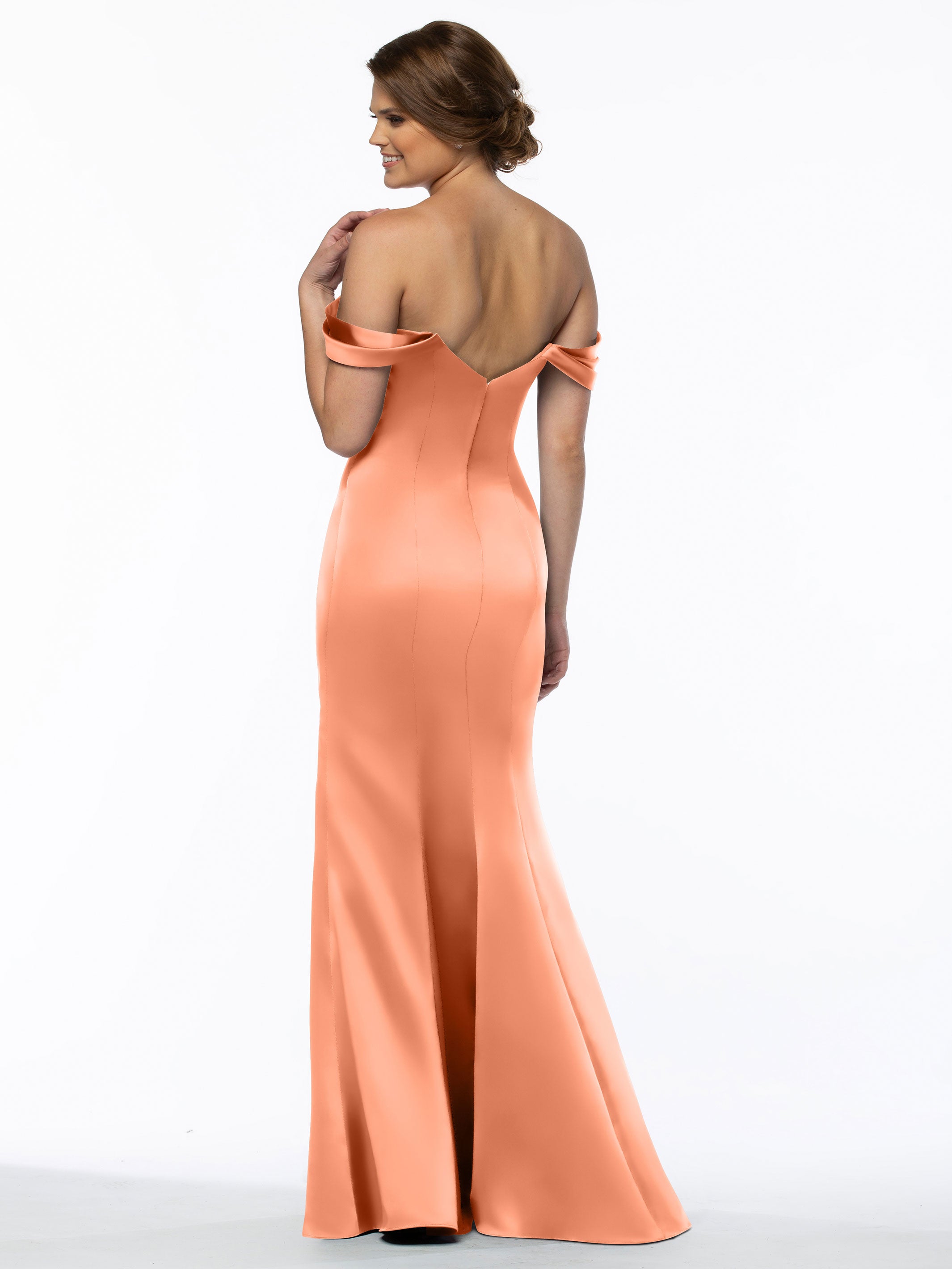 Elegant 80151 Fitted Satin Bridesmaid Dress with Off-The-Shoulder Sleeves - Perfect for Weddings, Formal Events & Special Occasions