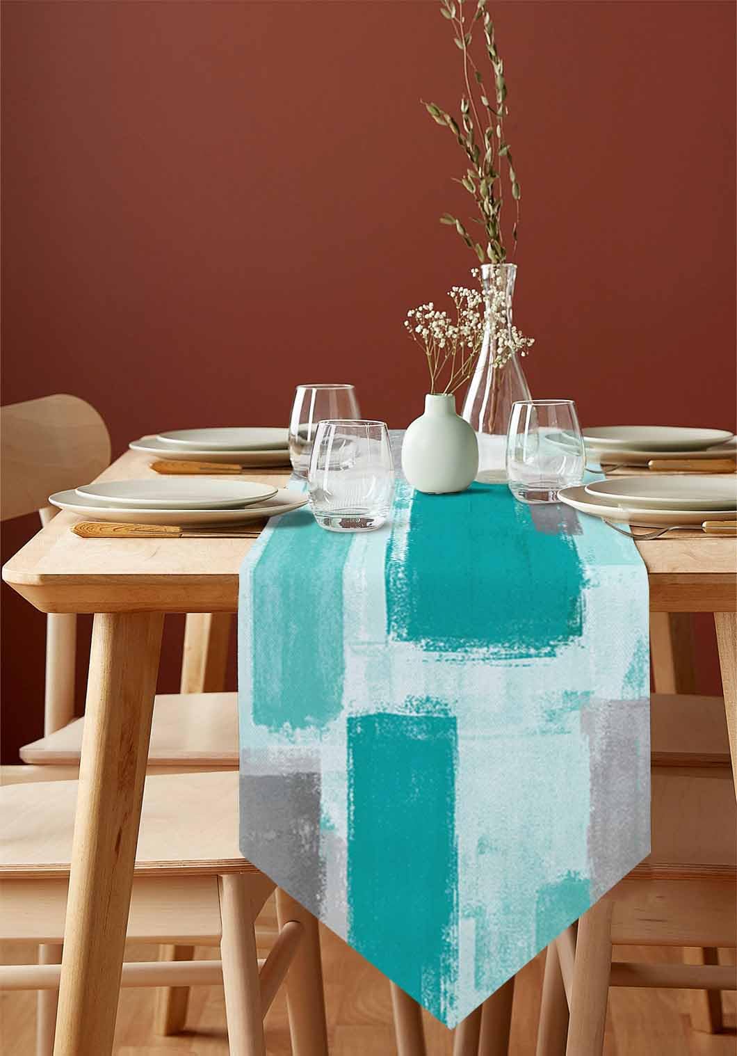Farmhouse Style Teal Grey Burlap Table Runner - 13x70 Inch Abstract Art Painting Kitchen Dining Table Decor for Family Gatherings & Holiday Parties
