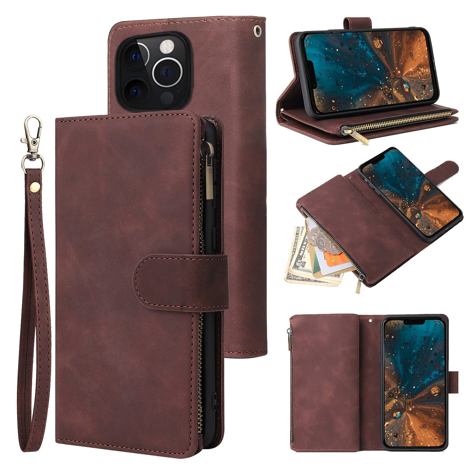 **Magnetic Leather Wallet Case for iPhone 13 Pro Max – 6 Card Holder, Hand Strap, Zipper Pocket, Stand & Shockproof Cover – Stylish & Protective for Women & Men (Coffee) – Perfect for Travel, Work & Daily Use**