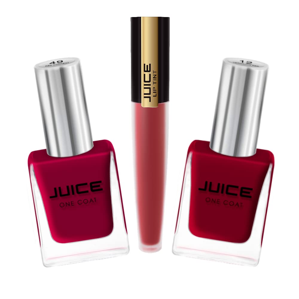 JUICE One Coat Nail Polish Combo Pack - 2 Gel Effect Shades (Vermilion Red-12 & Red Current-49) + 1 Lip Tint (Burgundy Blend-M41) | High Gloss, Quick Dry, Chip Resistant, Waterproof & Long Lasting | Perfect for Parties, Weddings & Everyday Wear