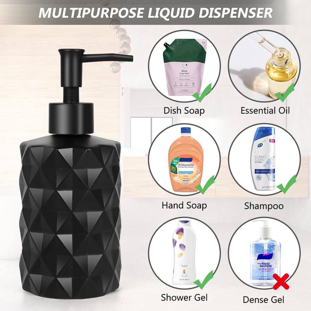 12 Oz Matte Black Glass Soap Dispenser with Stainless Steel Pump & Funnel - Refillable Bathroom & Kitchen Liquid Dispenser for Hand Soap, Lotion, Shampoo | Modern Home & Spa Decor Accessory