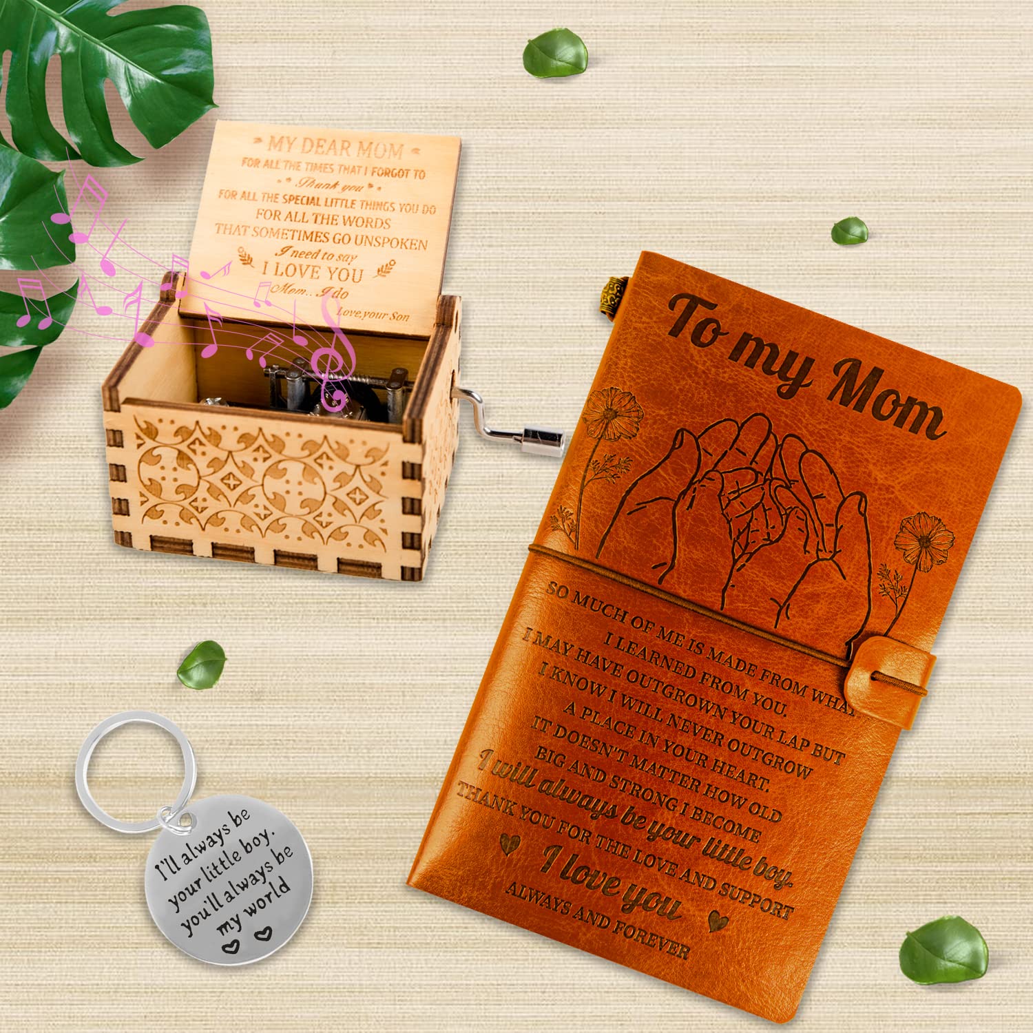 BoomBoomGifts Leather Journal & Music Box Gift Set for Mom - Thoughtful Birthday Present from Son, Engraved Keychain Included | Perfect for Mother's Day, Christmas & Special Occasions