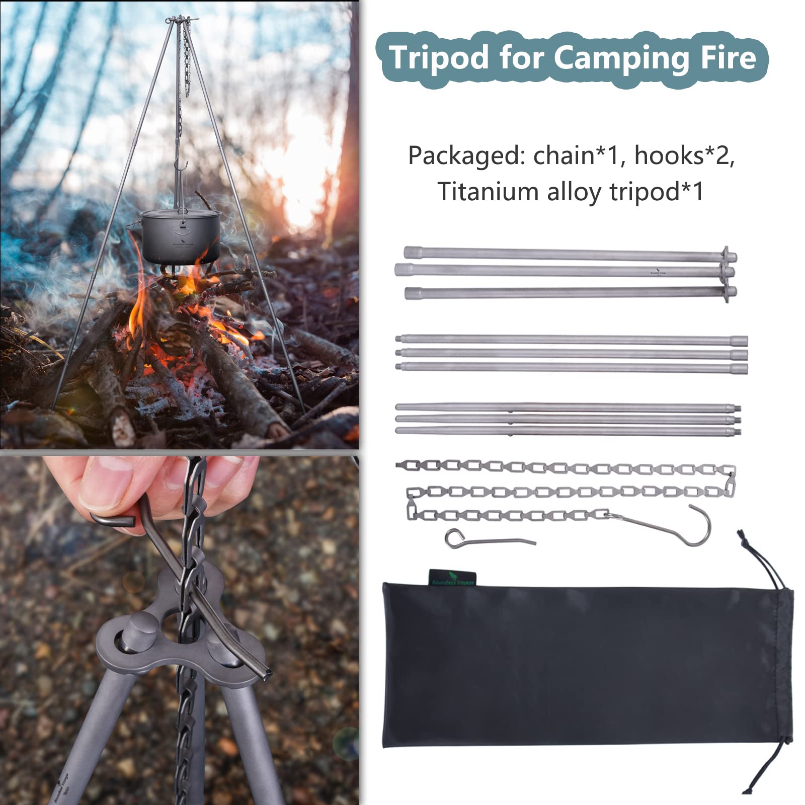 Adjustable Titanium Tripod Stand for Camping - Portable Outdoor Cookware Holder for Dutch Oven, Grill & Campfire Cooking | Perfect for Backpacking, Hiking & Wilderness Adventures (Ti9013O-Tripod)