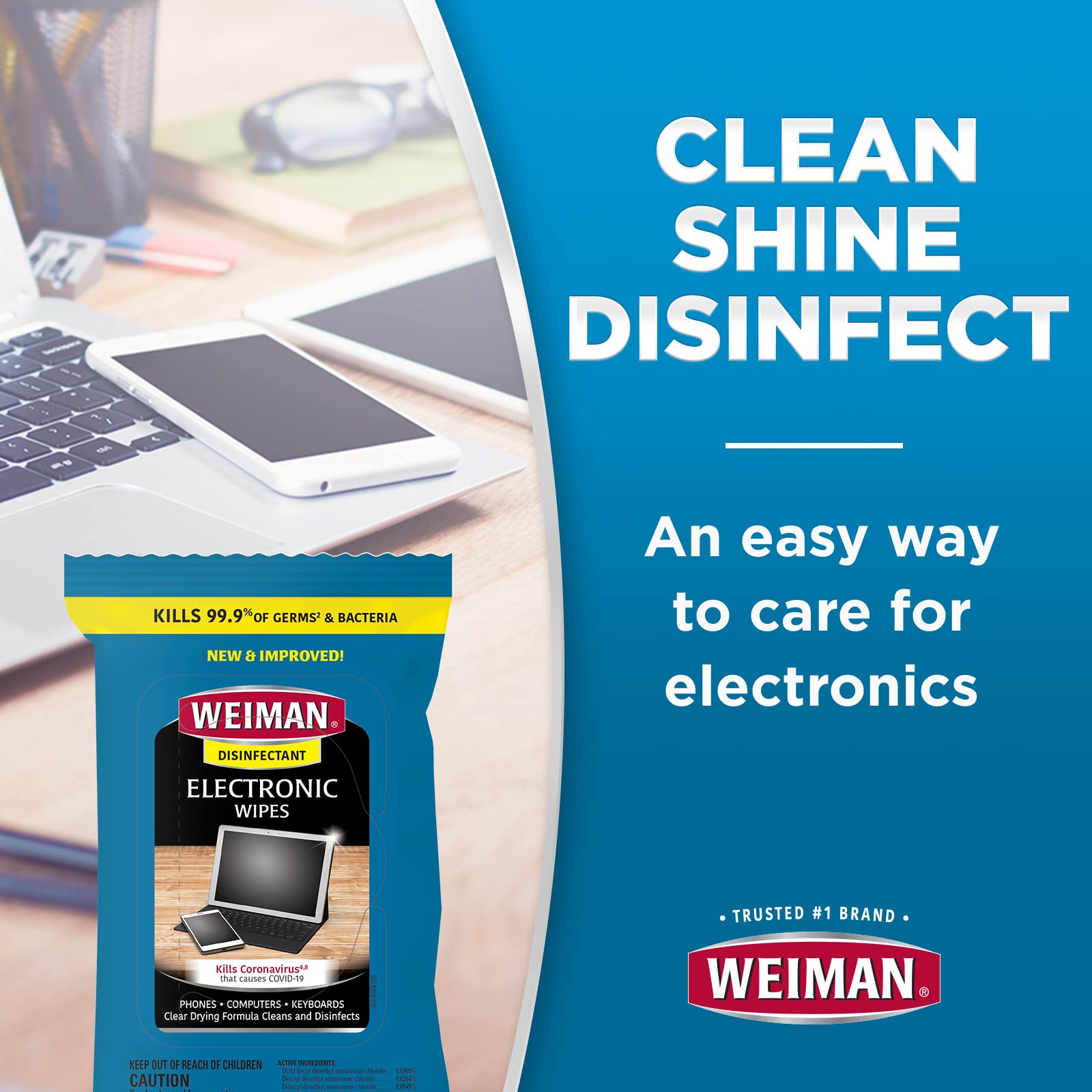 Weiman Disinfecting Electronic Wipes - Safe Cleaning for Screens, Laptops, Computers, TVs & Electronics | Antibacterial Tech Cleaning Wipes for Home, Office & School Use
