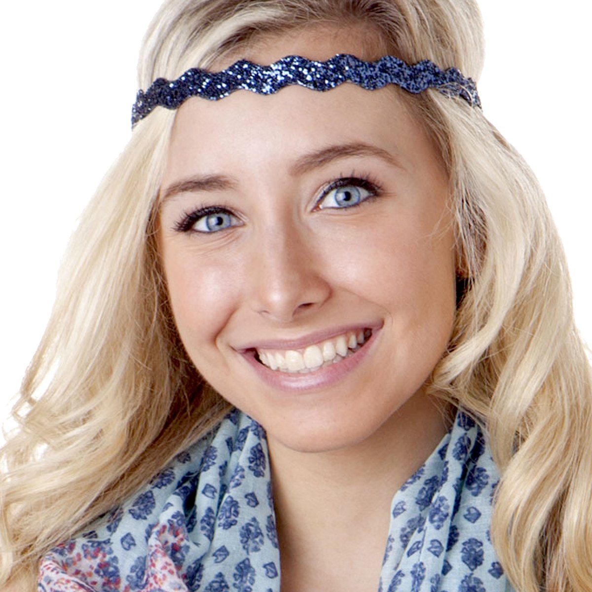Hipsy PETITE Size Adjustable No Slip Sparkly Bling Glitter Headbands 3-Pack for Women Girls Teens - Wave Navy Silver Red - Perfect for Sports Workouts School and Fashion Accessories