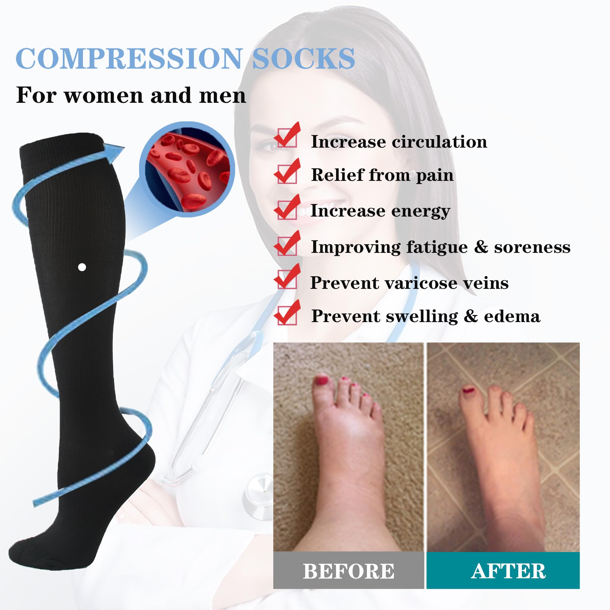 6 Pairs Compression Socks for Women & Men (20-30 mmHg) - Athletic Support for Running, Cycling, Hiking & Recovery - Improve Blood Circulation & Reduce Swelling - Perfect for Travel, Work & Post-Surgery Recovery