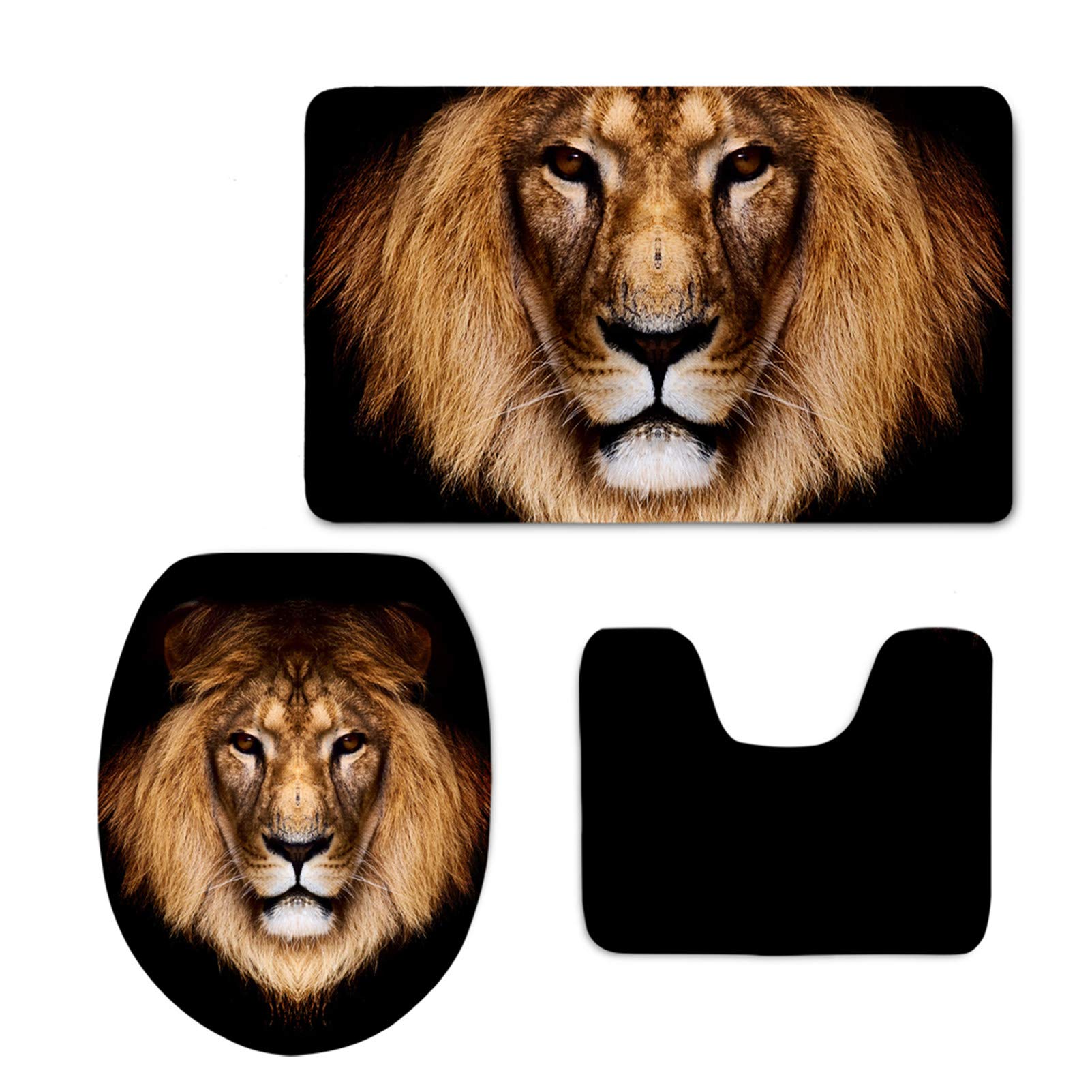 Lion Black Bathroom Rug Set - Non-Slip, Washable for Bath Mat & Toilet Cover